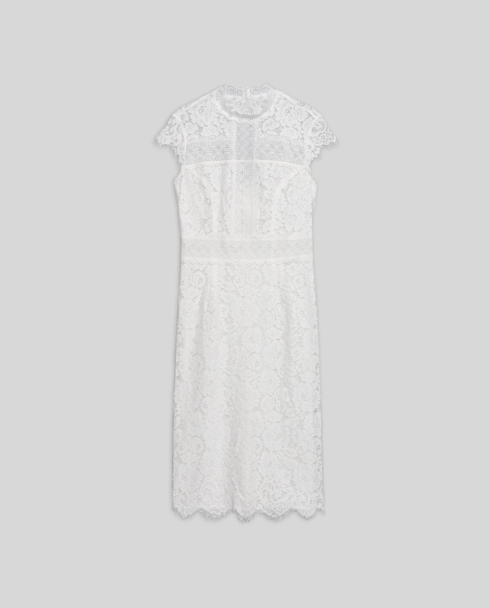 The NYNA ROSE Bridaldress by IVY OAK is a white, midi-length lace dress with a pencil skirt, short sleeves, and a high neckline shown against a plain gray background.