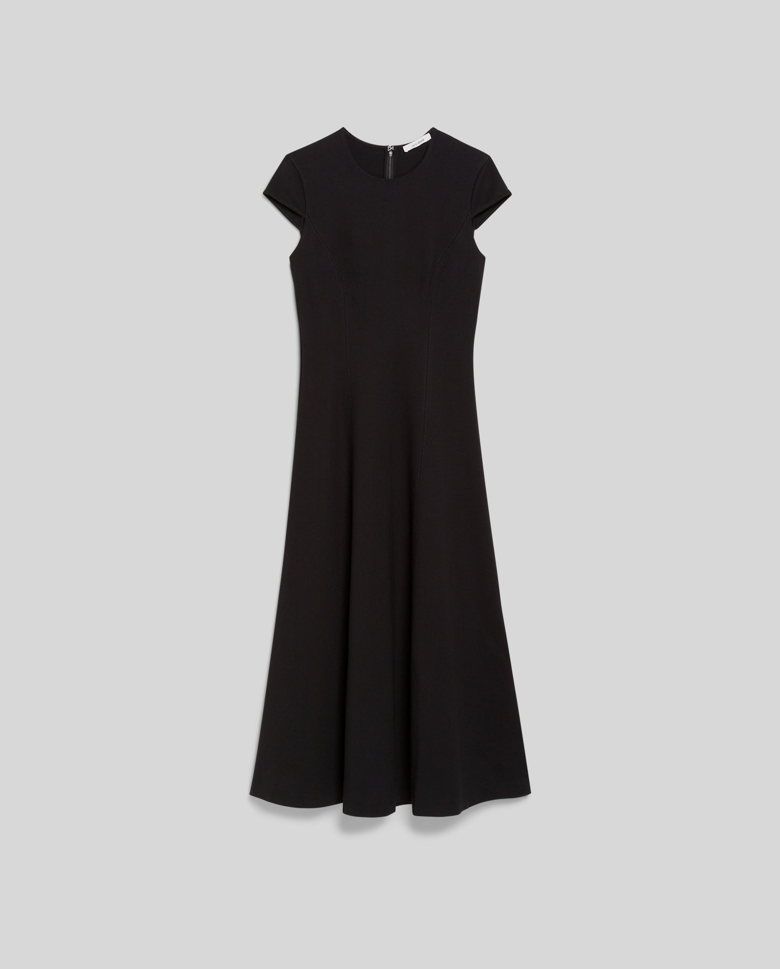 The IVY OAK DAFNI Dress is a black, ankle-length, short-sleeve dress with a fitted bodice and flared skirt, ideal for special occasions. Shown against a light gray background.