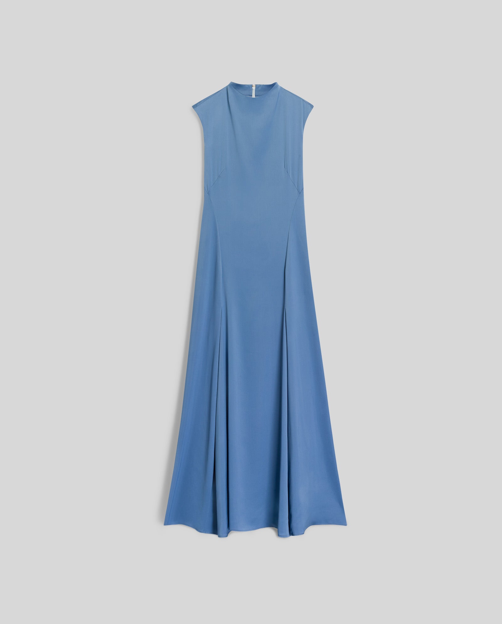 The MARCELLA LIZ Dress by IVY OAK is a sleeveless, light blue maxi with a stand-up collar, flared ankle-length skirt, and back zipper, shown against a plain background.