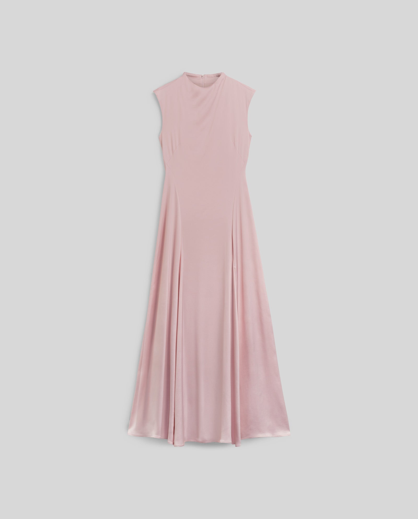 The MARCELLA LIZ Dress by IVY OAK is a sleeveless, light pink satin maxi featuring a stand-up collar and a flared, floor-length skirt, shown against a plain background.
