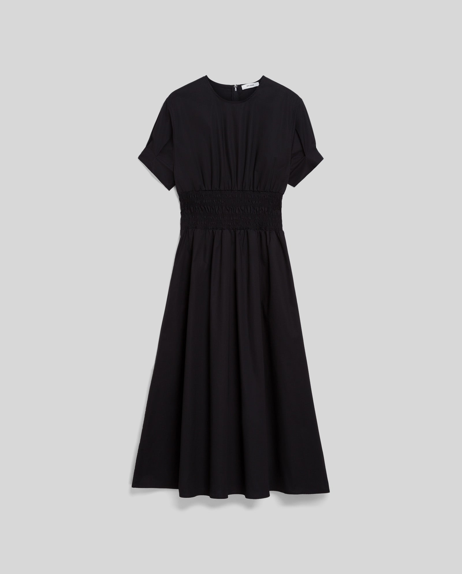 Short-sleeve, black MARYTHA Dress by IVY OAK with pintucks and a gathered waist, displayed on a plain gray background.