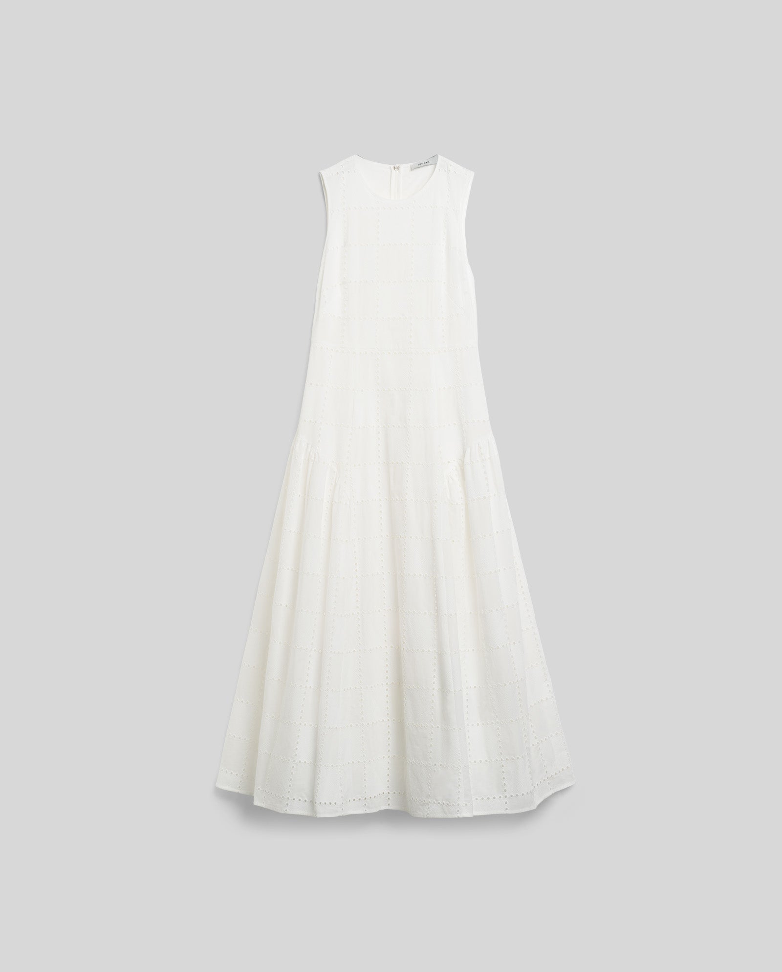 The IVY OAK MARCA ROSE Dress is a sleeveless, long white broderie anglaise dress with a round neckline, subtle eyelet details, and gathered skirt inserts, shown on a plain background.