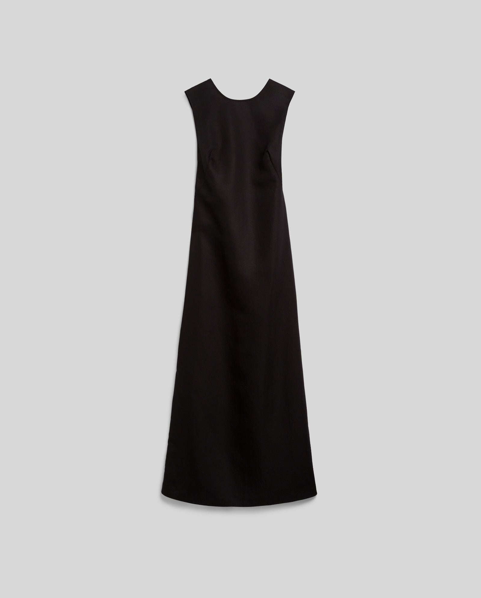 The NADEAN Dress by IVY OAK is a sleeveless, floor-length black linen blend dress with a high neckline, displayed on a light gray background.