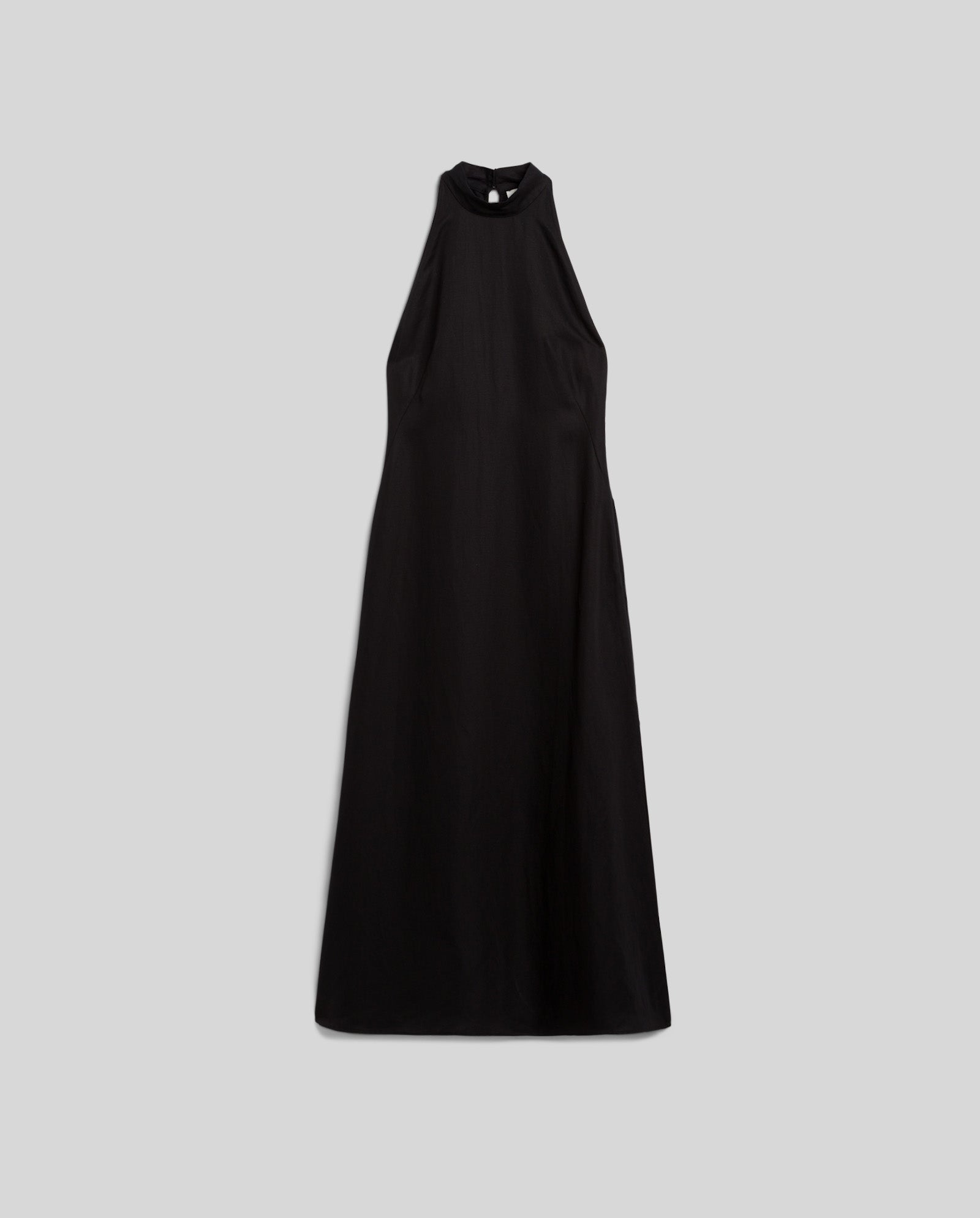 The IVY OAK NELA Dress is a sleeveless, black halter-neck piece in a breathable linen blend, shown laid flat on a light gray background.