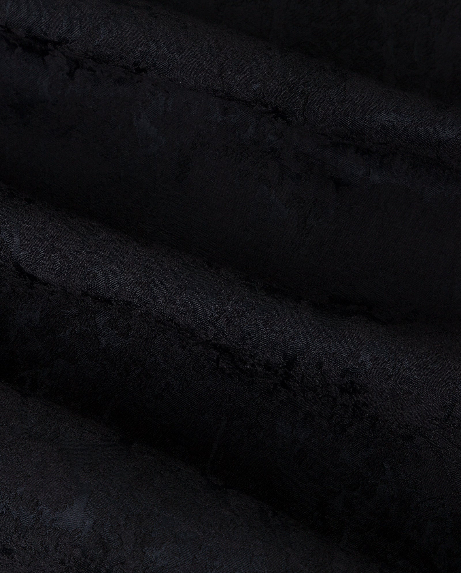 Close-up of textured black jacquard fabric from an IVY OAK NISSA Dress, showing a subtle floral pattern and soft folds reminiscent of elegant puff sleeves.