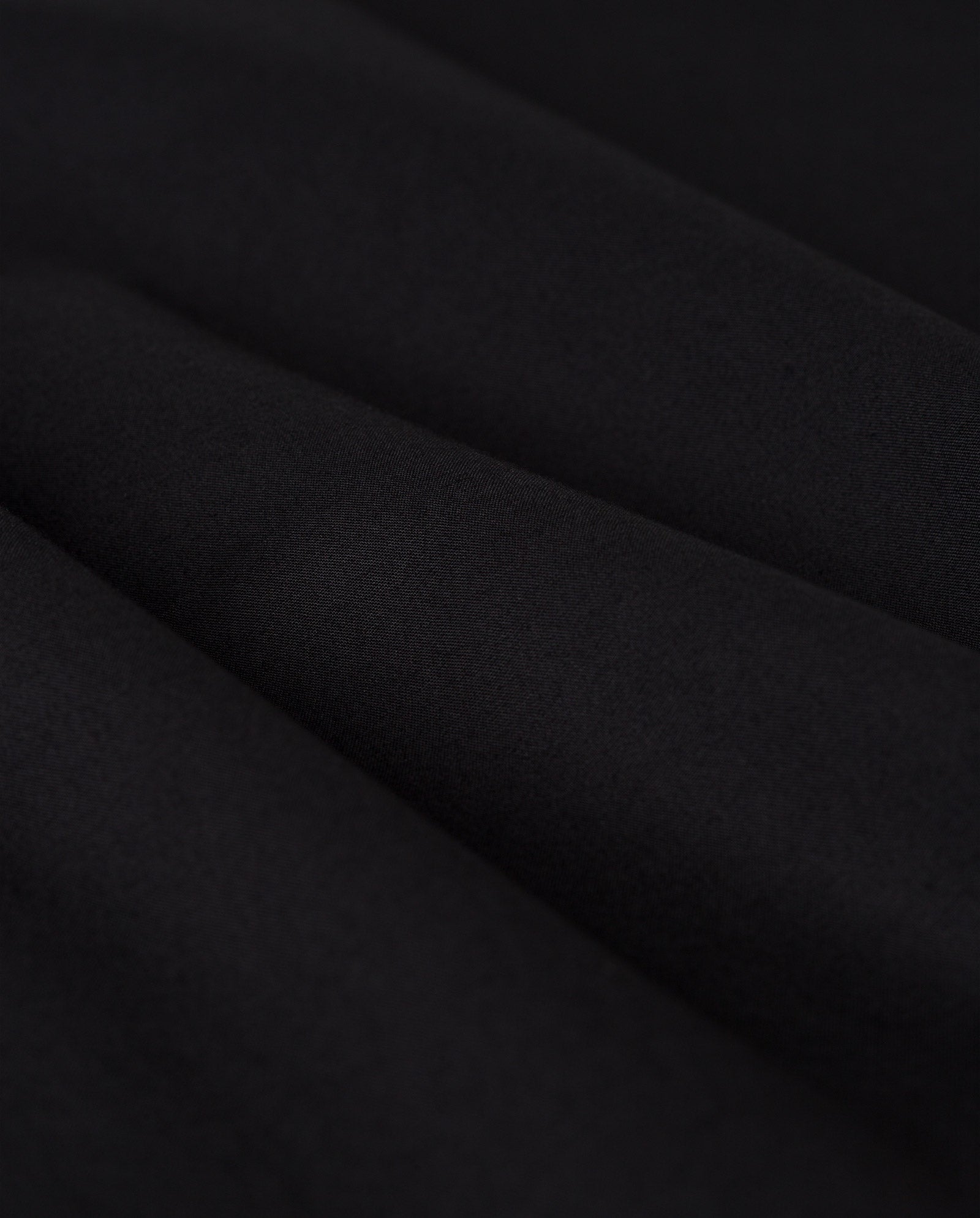 Close-up of the MARYNA Dress by IVY OAK, showcasing smooth black fabric with soft folds and subtle texture that highlights refined smock detailing.