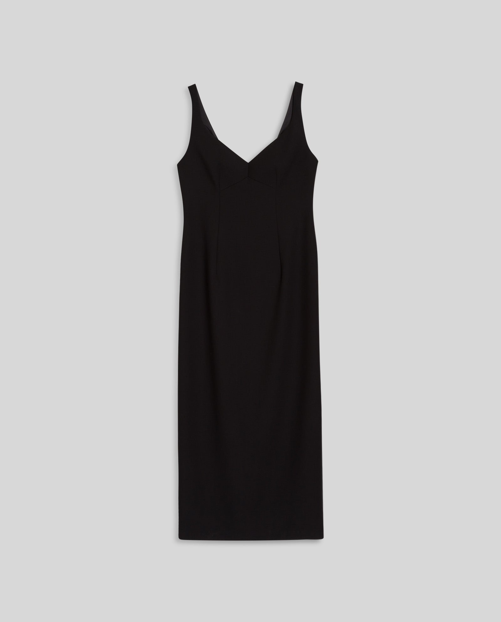 The IVY OAK NEPHELIA Dress is a sleeveless black dress with a V-neckline, made from matte fabric, shown on a light gray background.
