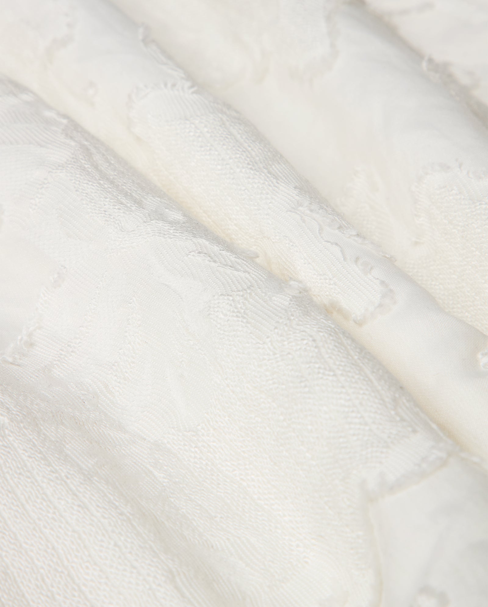 Close-up of the NASRIN Dress by IVY OAK, showcasing textured white fabric with a subtle raised floral pattern, echoing the delicate detailing and flower-shaped sleeves of this elegant midi fil coupé design.