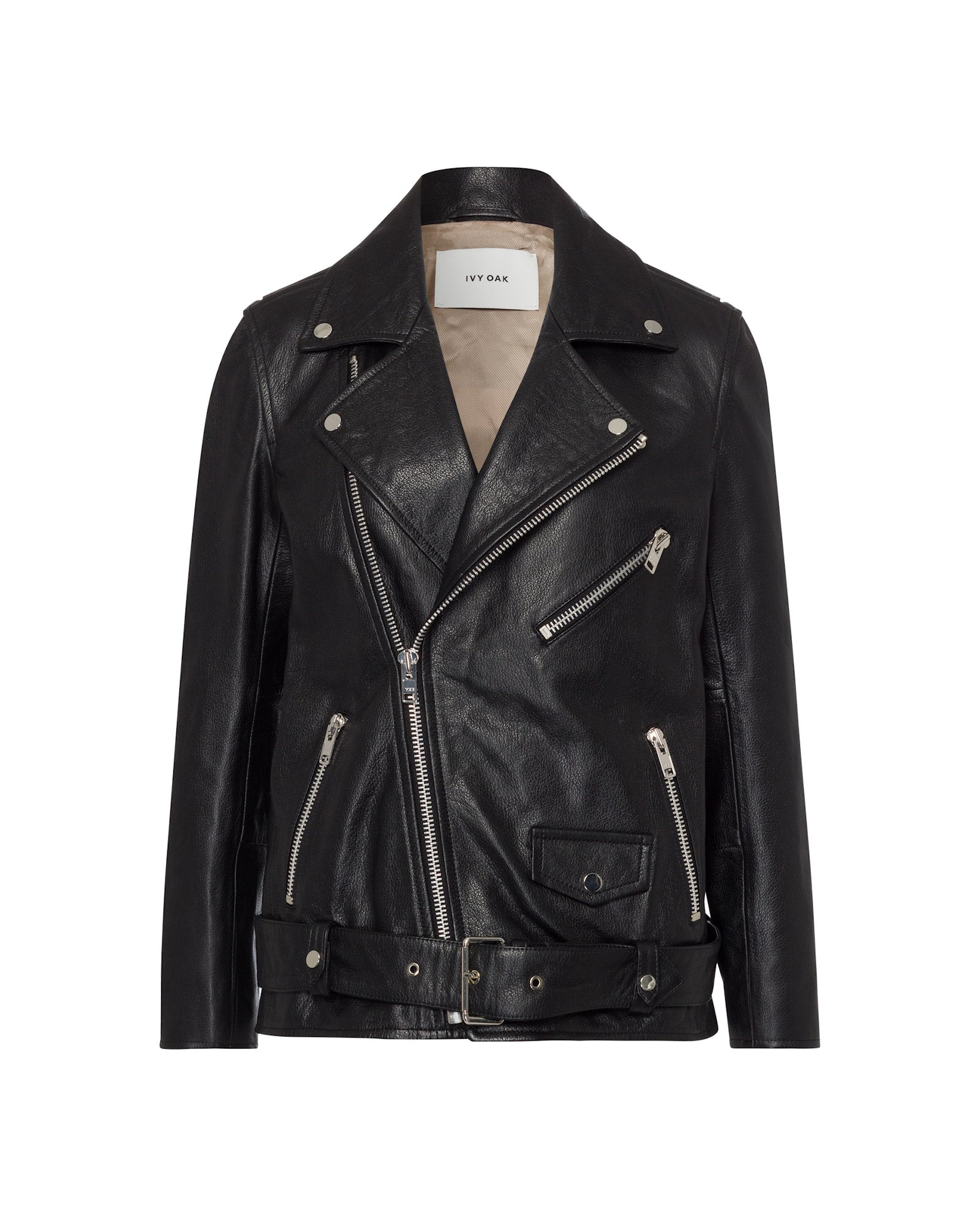 The LENNY Jacket by IVY OAK is an oversized black leather biker jacket featuring silver zippers, buttons, a belt, and a notched collar, perfect for achieving a cool boyfriend look.