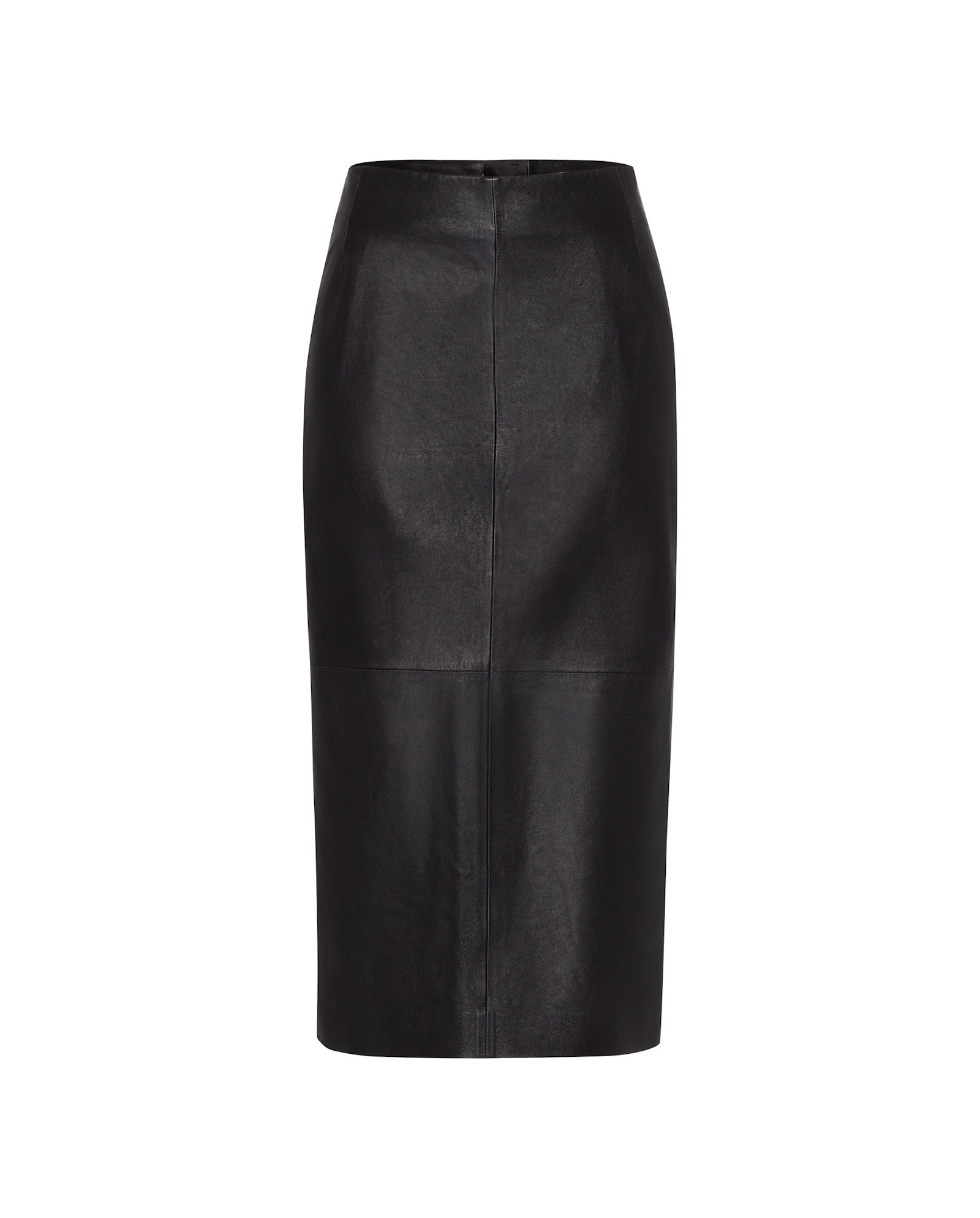The IVY OAK LEXIE Skirt is a black, high-waisted leather midi skirt in a classic pencil silhouette, shown against a plain white background.