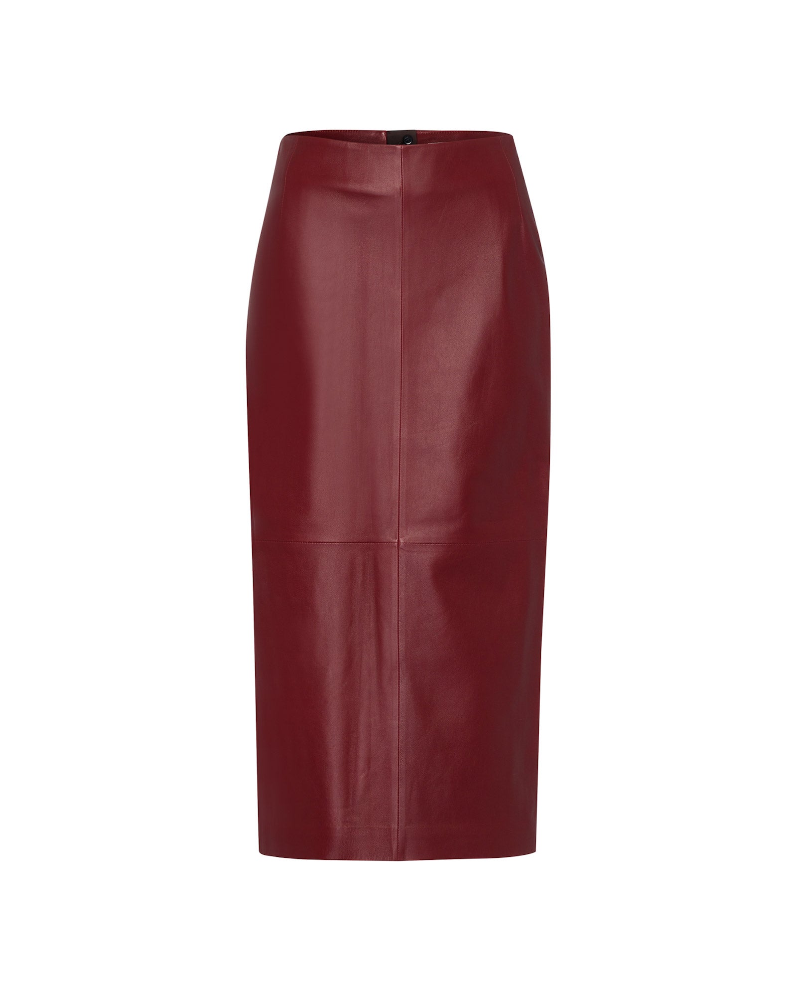The LEXIE Skirt by IVY OAK is a burgundy leather, high-waisted skirt with a smooth, sleek finish for a polished look.