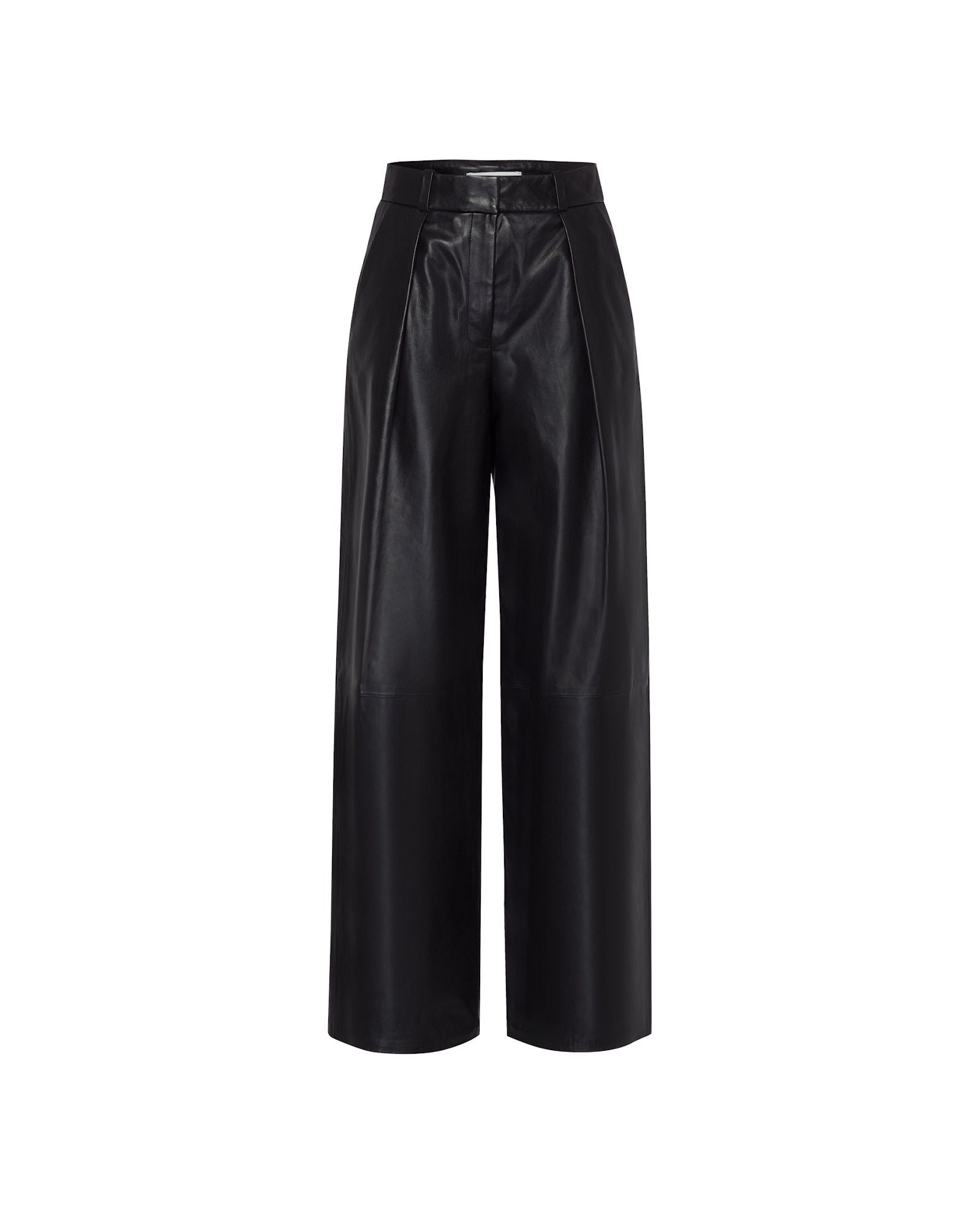 The LORAINE Trouser by IVY OAK features black wide-leg leather with a high waist, seam details, and a relaxed fit for a modern yet classic look, shown on a white background.