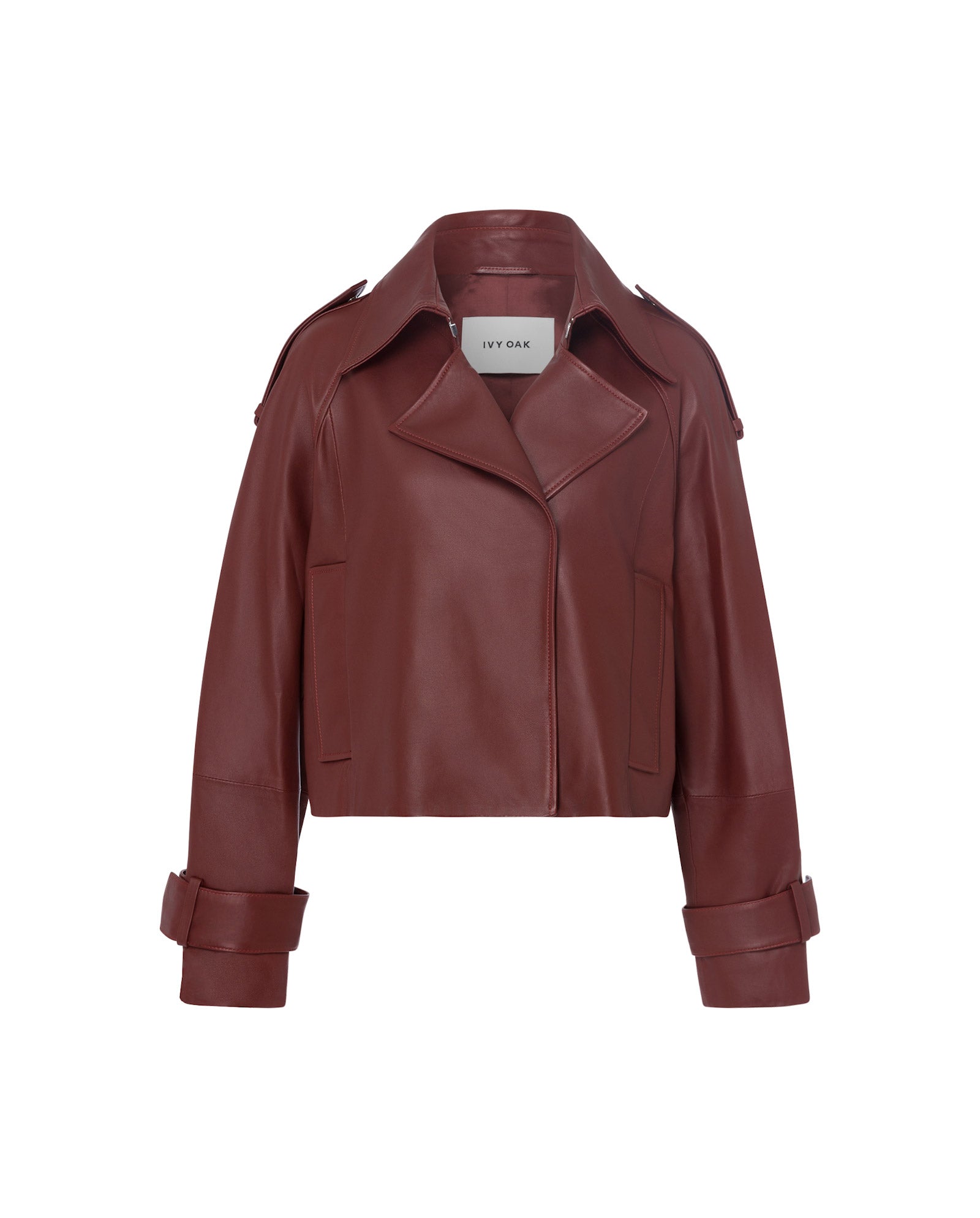 The IVY OAK LILITH ANN Jacket in brown leather showcases a large collar, wide lapels, long sleeves, and turned-up cuffs, presented against a plain white background.