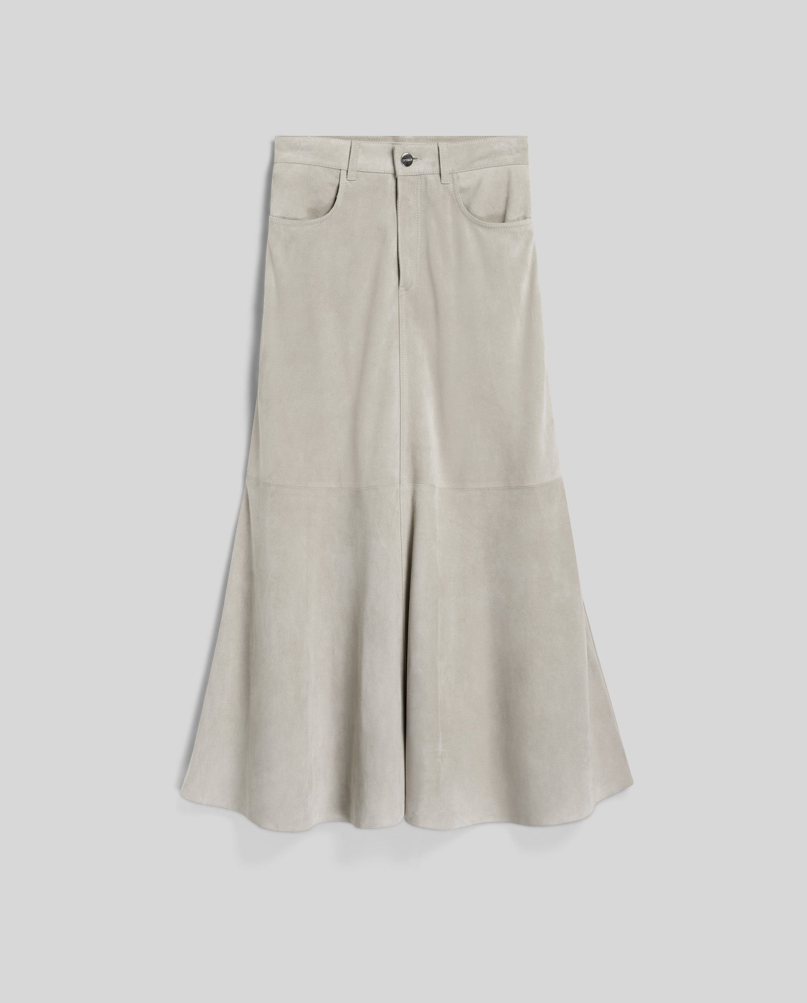 The IVY OAK LACY Skirt is a beige high-waist suede skirt with a flared fit, front buttons, and pockets, shown on a plain light background.