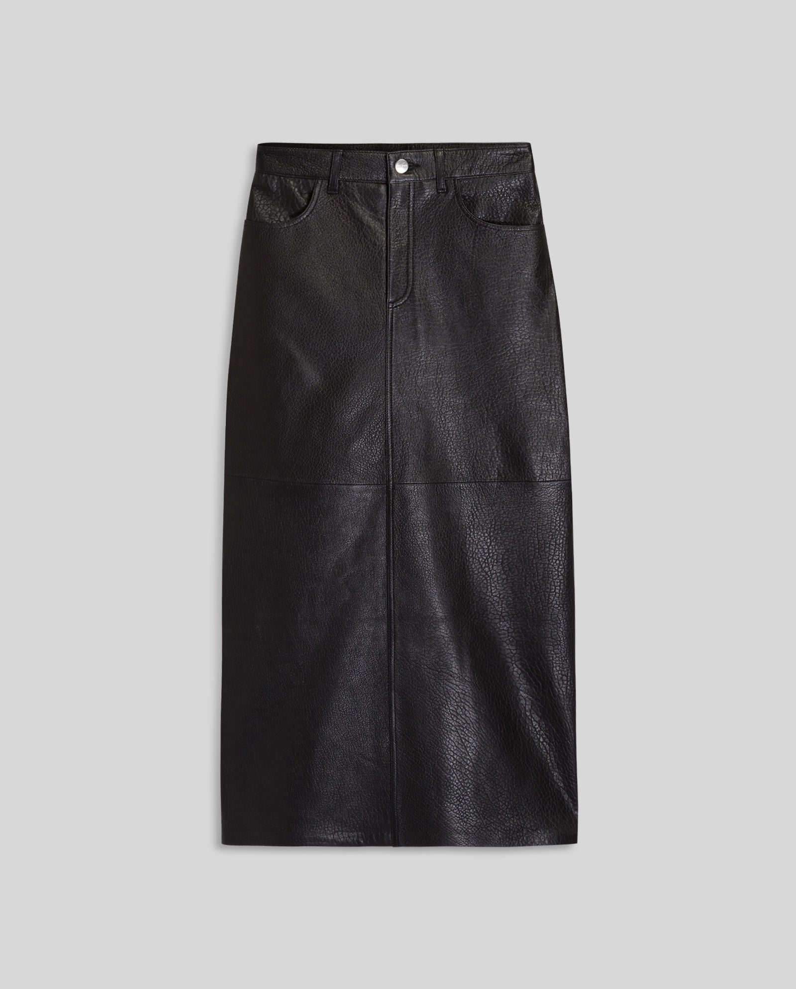 The IVY OAK LISANNE Skirt features an A-line silhouette, black faux leather, front pockets, and a front seam, shown on a light gray background.