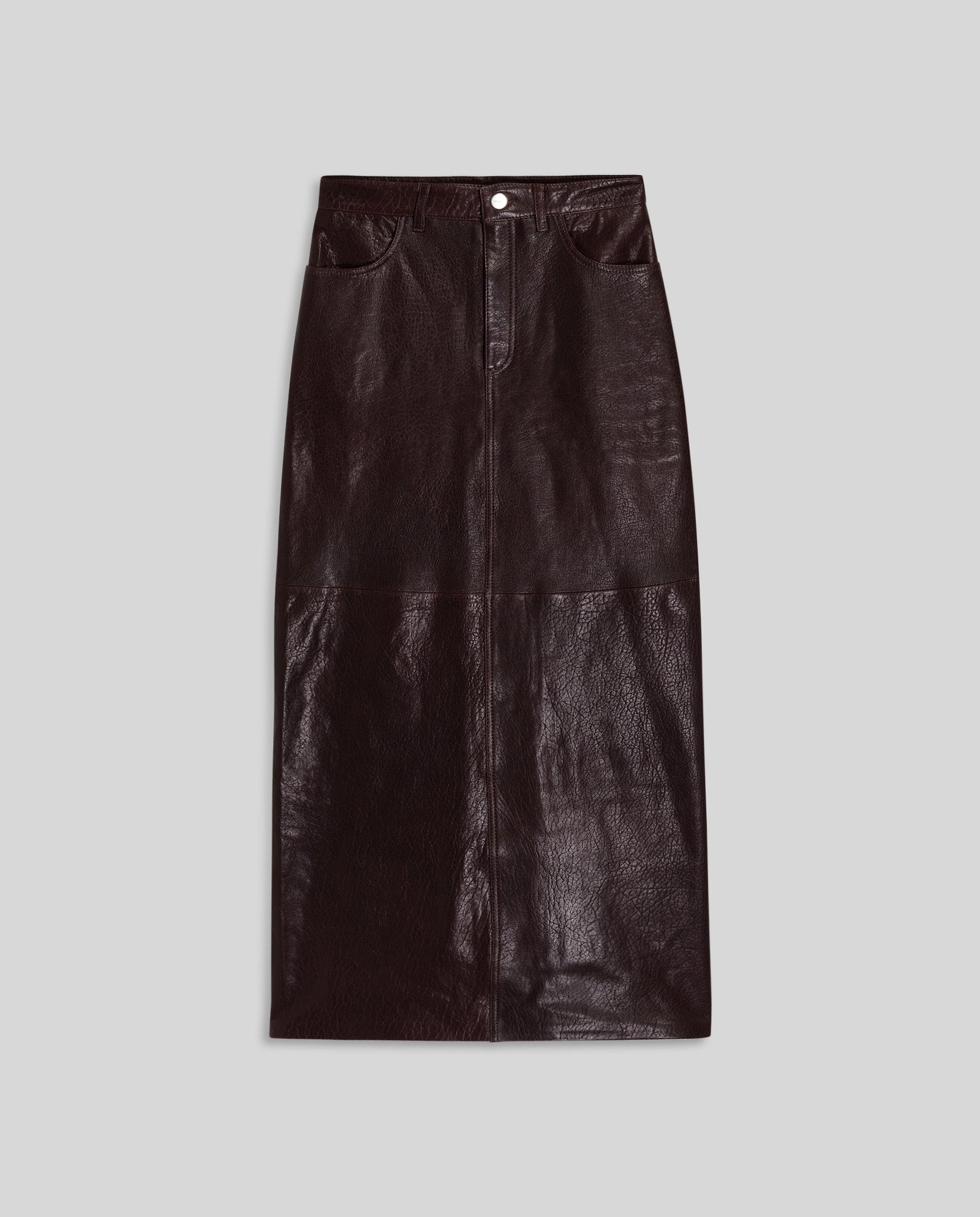 The LISANNE Skirt by IVY OAK is a long, dark brown leather ankle-length skirt with front pockets and button closure in an A-line silhouette, shown laid flat on a light gray background.