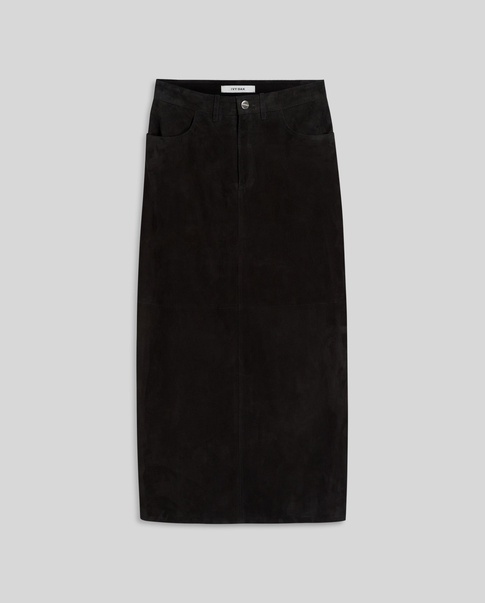 The IVY OAK LISANNA ROSE Skirt is a black suede, knee-length pencil skirt with front pockets, button closure, and a flattering high waist design, showcased on a gray background.