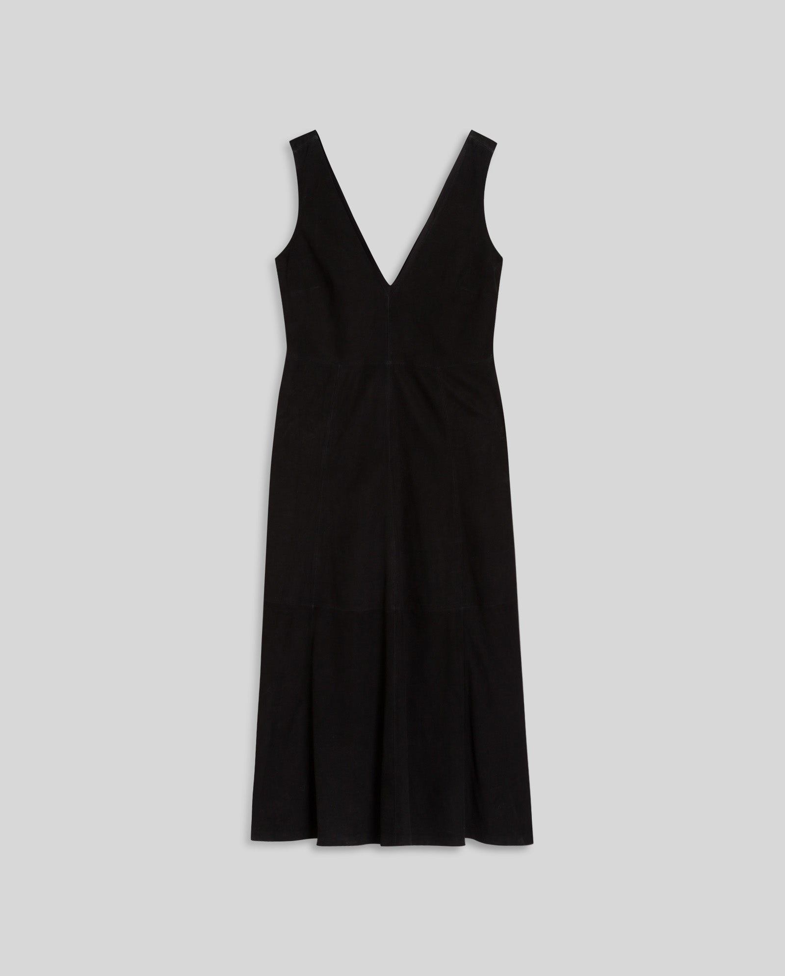 Sleeveless black LORENA DRESS by IVY OAK with a deep V-neckline, laid flat on a light gray background.