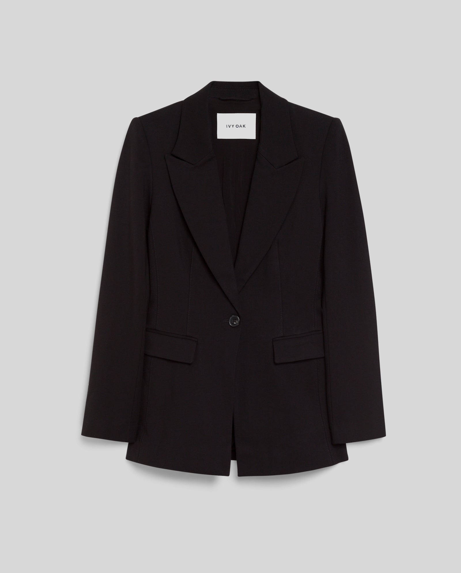 The IVY OAK JOLANKA KIM Blazer offers a black tailored look with notched lapels, single button closure, and refined topstitching for an elegant silhouette, shown on a light gray background.