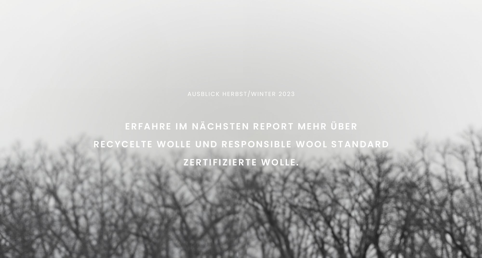 Bare tree branches in winter with German text about recycled and certified wool on a foggy background.