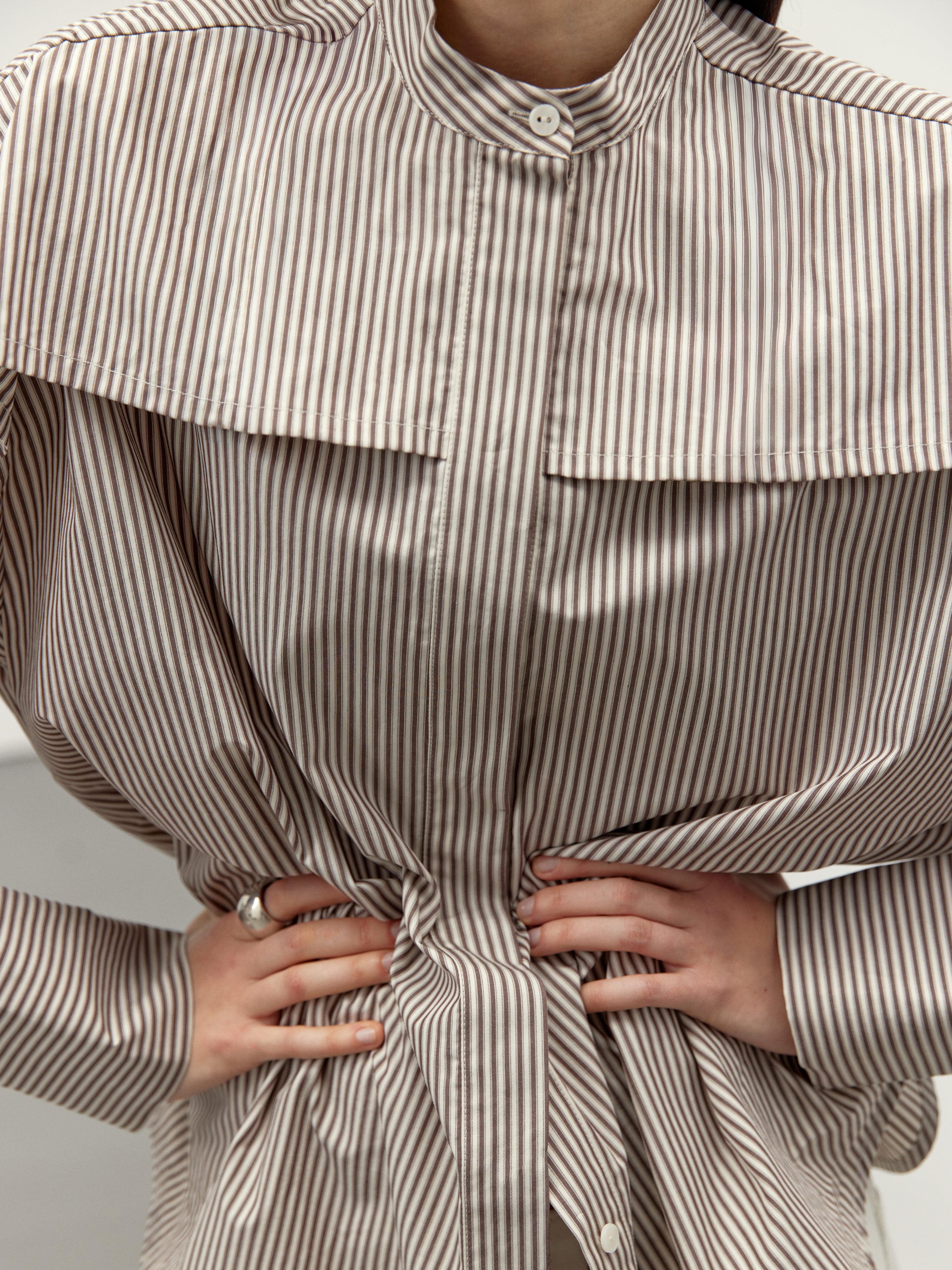 Person wearing a brown and white striped shirt with hands on hips, showing ring on left hand.