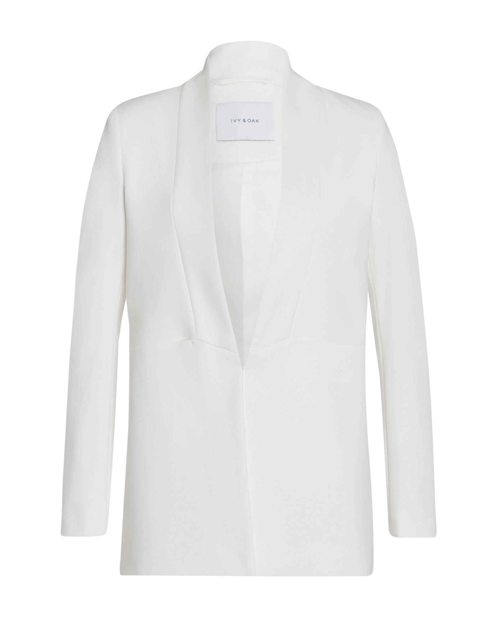 The IVY OAK Shawl Collar Blazer features a modern open-front design with long sleeves and a shawl collar, displayed against a plain white background.