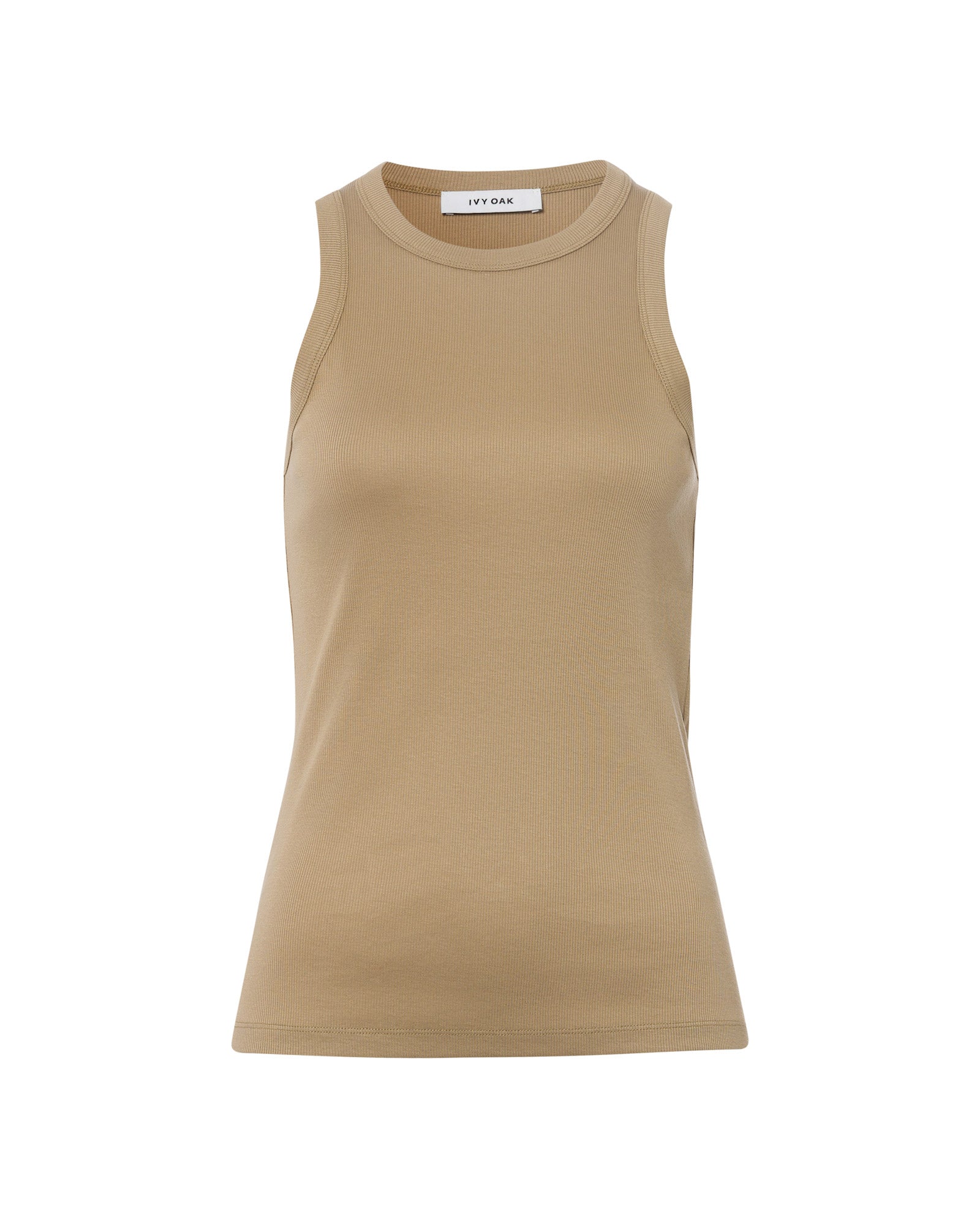 The KLARA ANN Tanktop by IVY OAK is a beige, sleeveless top with a round neckline and subtle rib texture, made from organic cotton and shown on a plain white background.
