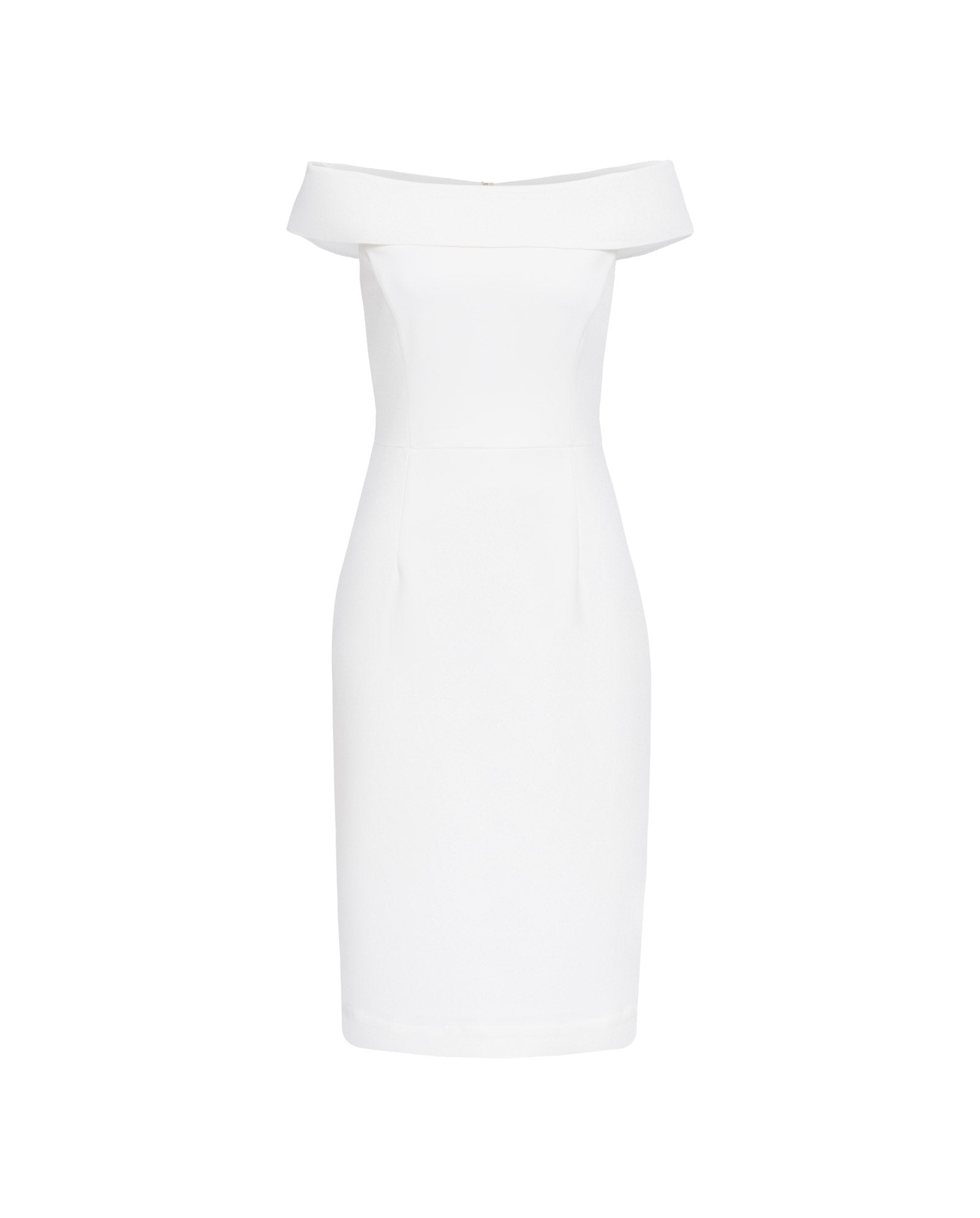 Das weiße, schulterfreie MAREN Kleid von IVY OAK überzeugt mit knieumspielender Länge und körpernaher Passform vor schlichtem weißem Hintergrund.