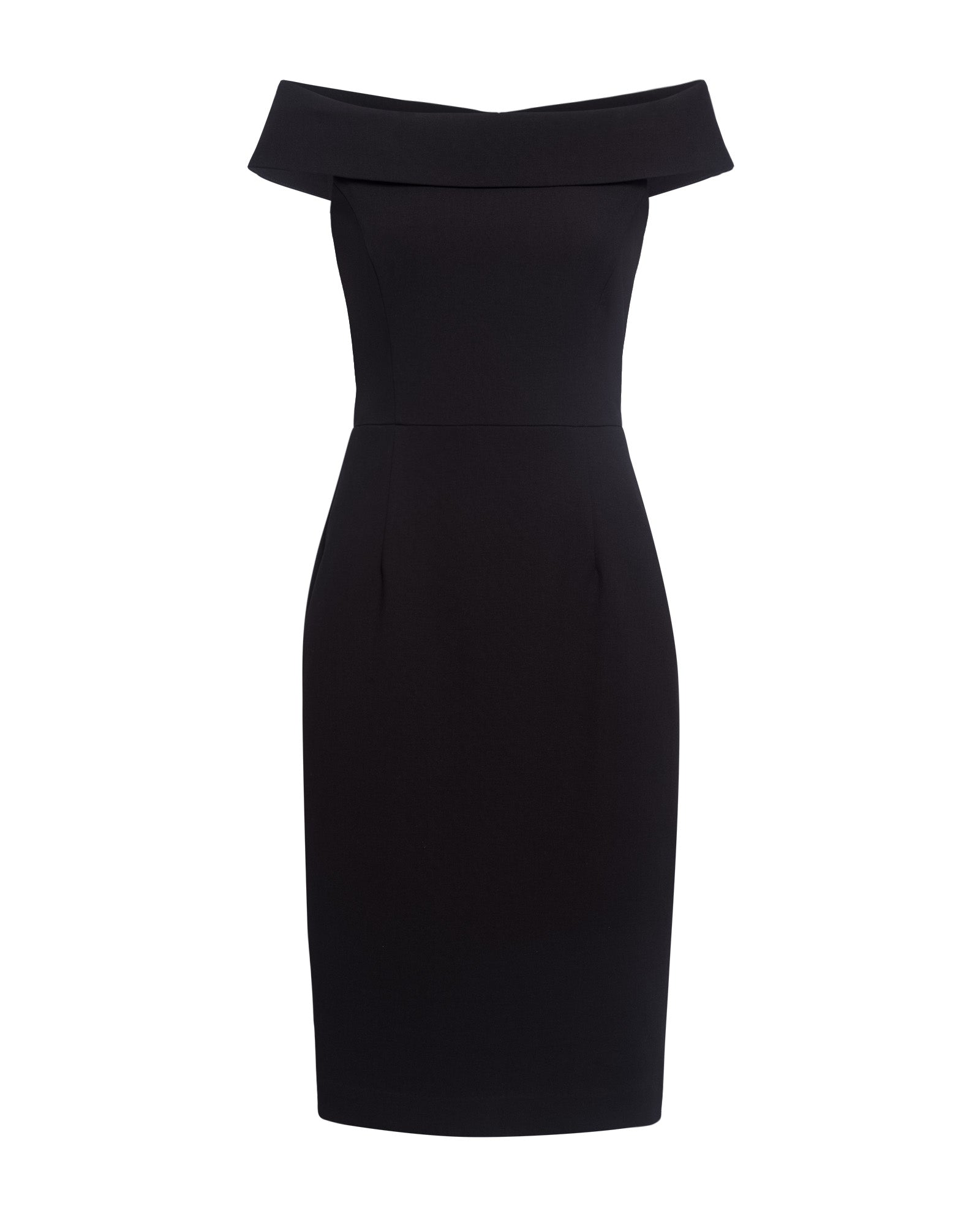 IVY OAK’s MAREN Dress showcases an off-shoulder, wide neckline collar and a fitted, knee-length silhouette.