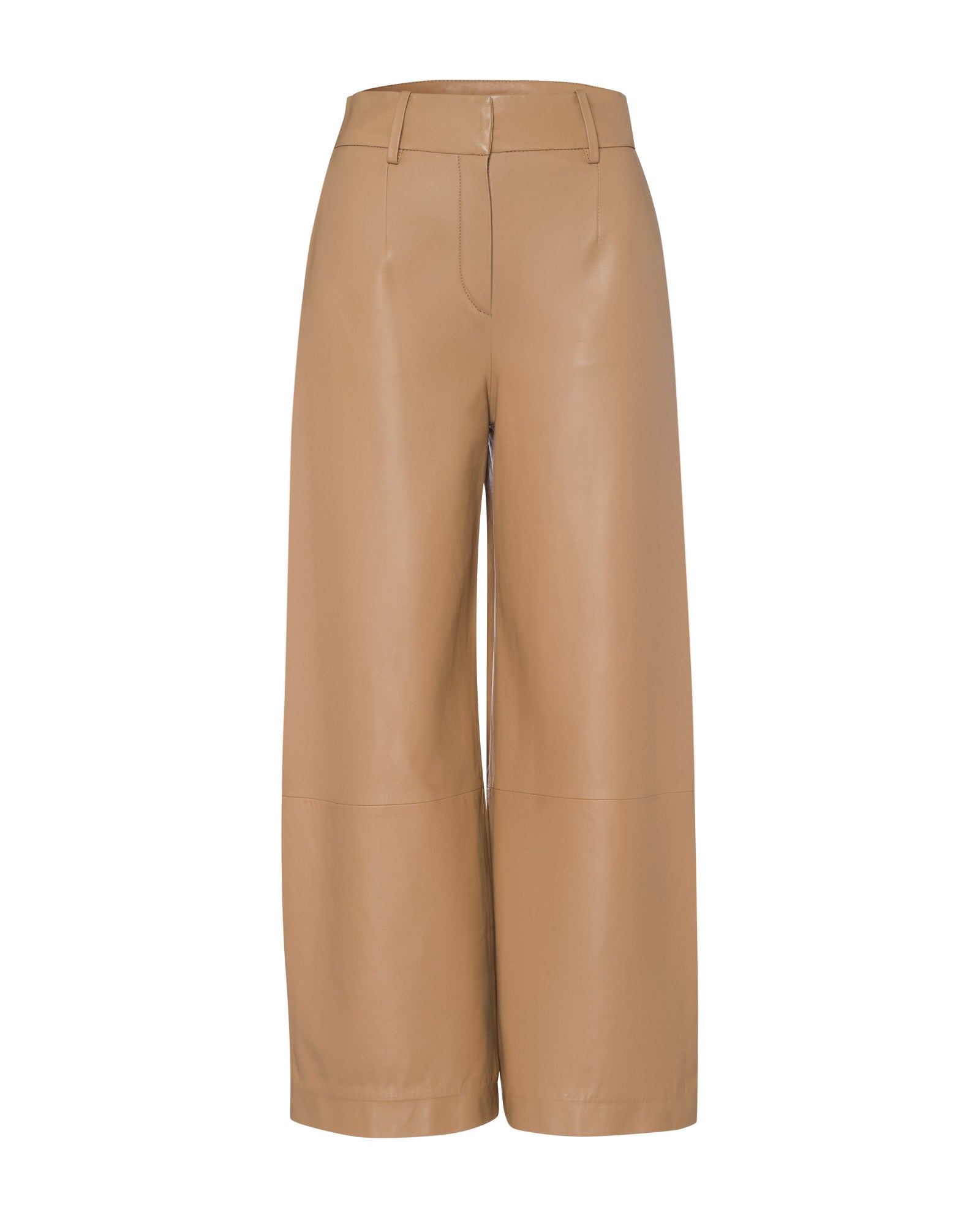 The IVY OAK Leather Culotte, a high-waisted, wide-leg tan pant with belt loops and front seam detail, is shown on a size 36 model (178 cm tall) against a white background.
