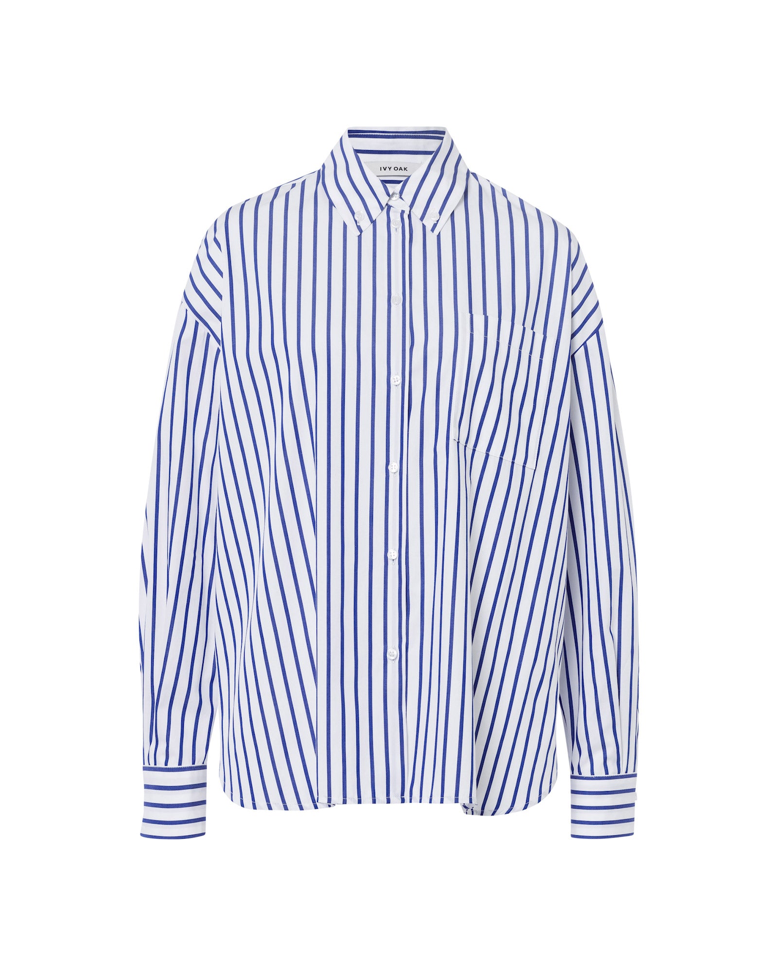 The IVY OAK BETHANY LILLY Blouse features blue and white vertical stripes, a cotton fabric, long sleeves, button-up front, collared neckline, chest pocket, and a relaxed boxy cut.