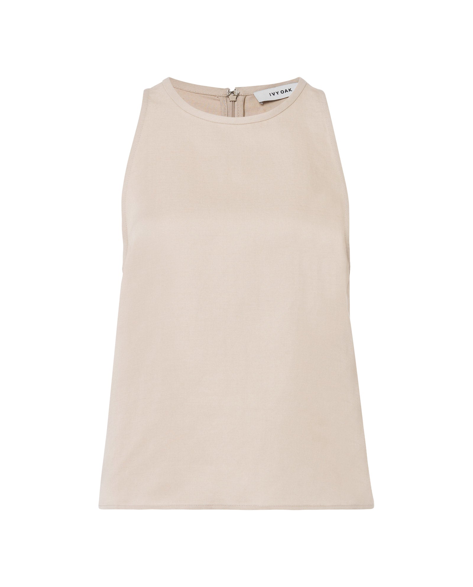 The IVY OAK TAILOR SUE Top is a sleeveless beige American shoulder style with a high neckline, concealed back zip, and soft linen blend fabric. Shown on a white background.