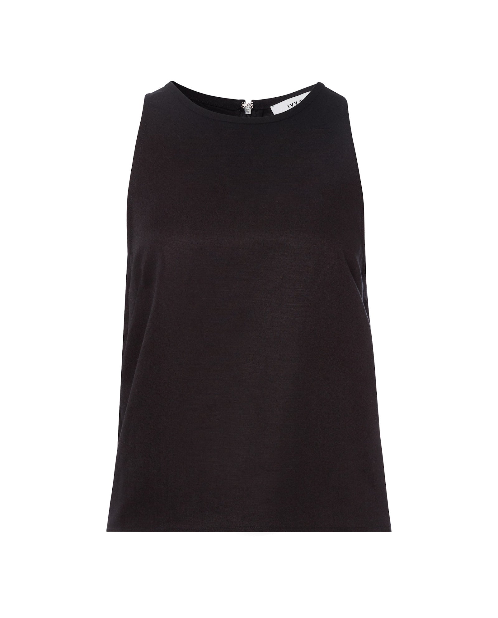 The IVY OAK TAILOR SUE Top is a sleeveless black linen-blend piece with an American shoulder cut and high neckline, shown against a white background.