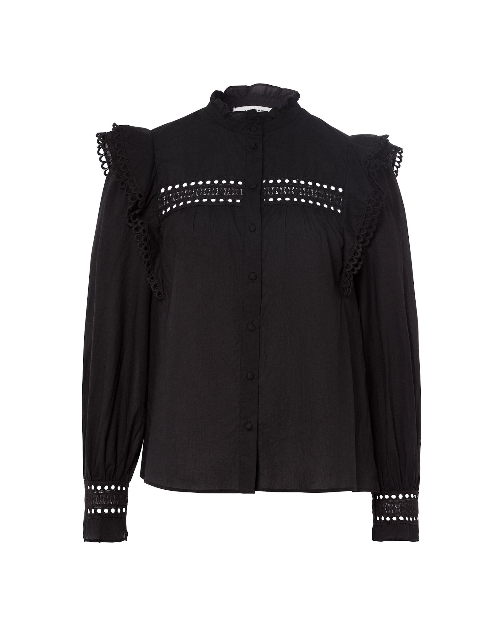 The IVY OAK EVELINA Blouse is a black, long-sleeve cotton voile top featuring ruffled shoulders, lace tape trim, a button front, and a high collar.
