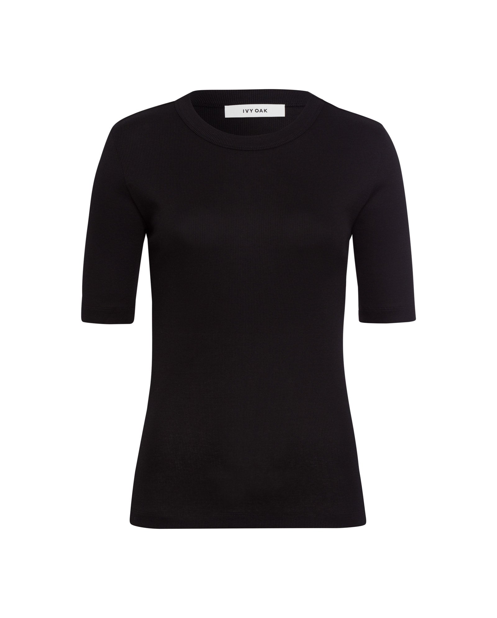 The KRISTIN Rib T-Shirt by IVY OAK is a black fitted tee crafted from soft organic cotton jersey, featuring short sleeves and a classic crew neck.