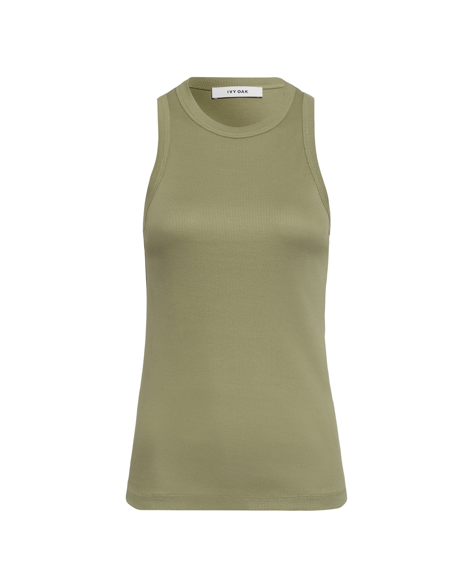 The KLARA ANN Sleeveless Top by IVY OAK is an olive green fitted jersey tank with a high neckline, made from organic cotton and shown on a plain white background.