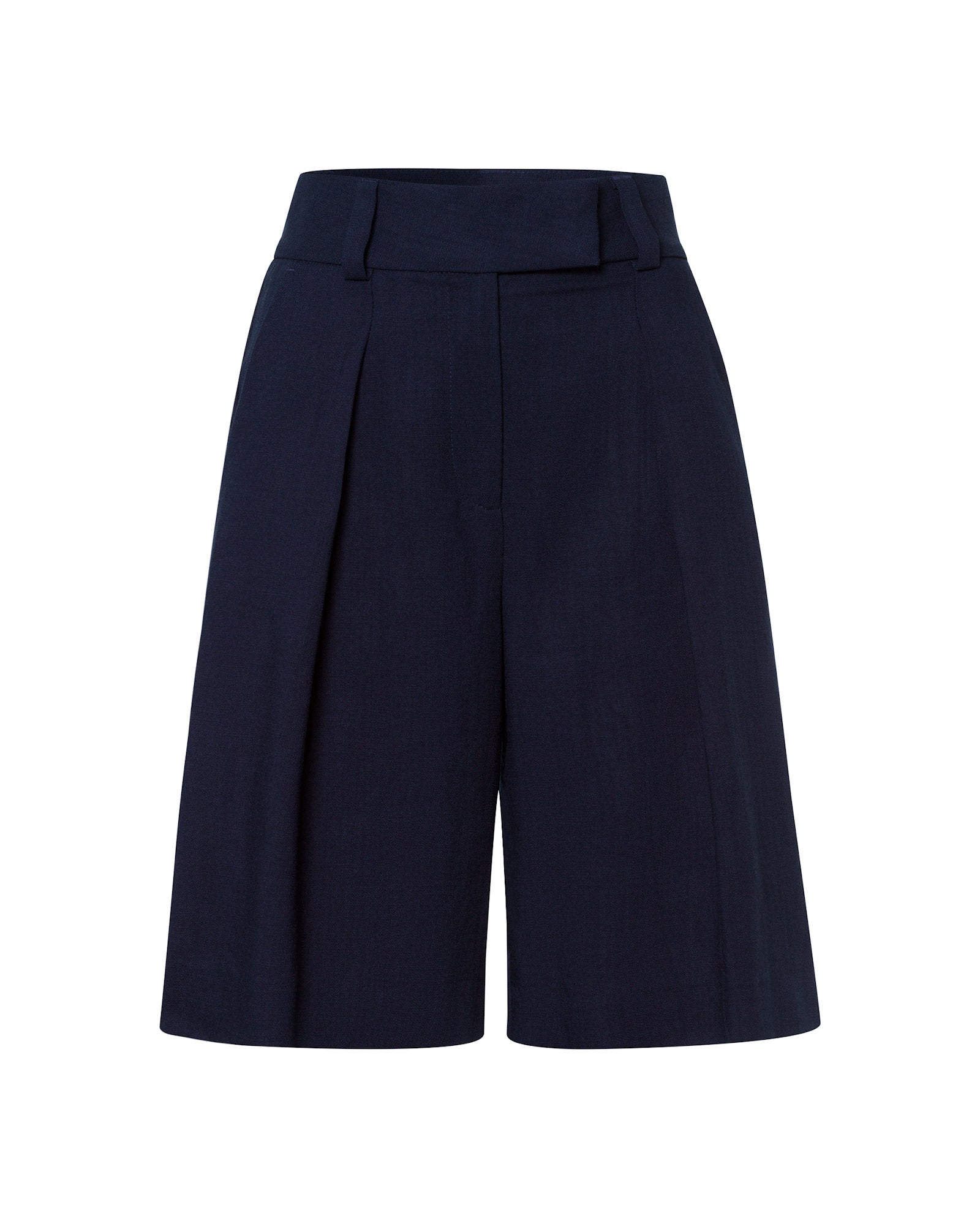 The IVY OAK PEONY SUE Trousers in navy blue feature a high waist, sharp pleats, wide legs, and a knee-length cut—shown on a white background.
