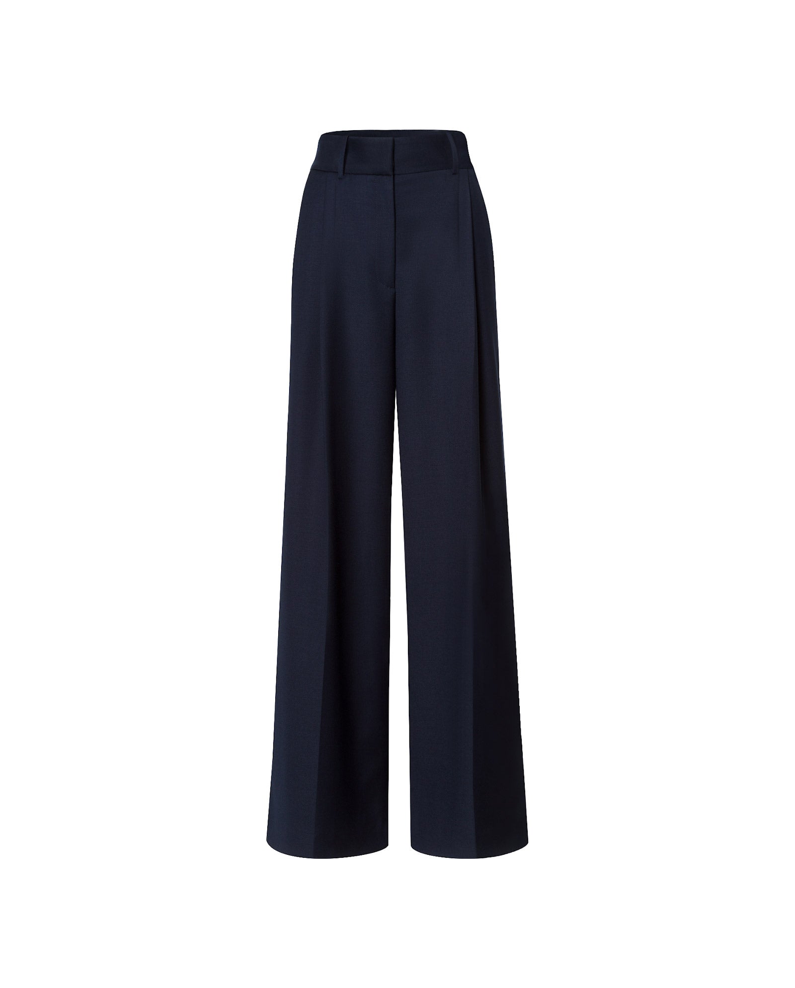 The IVY OAK PRESCILLIA ANN Pants are navy blue, pleated, wide-leg, and high-waisted—ideal to pair with the JUNA Blazer. Shown on a white background.