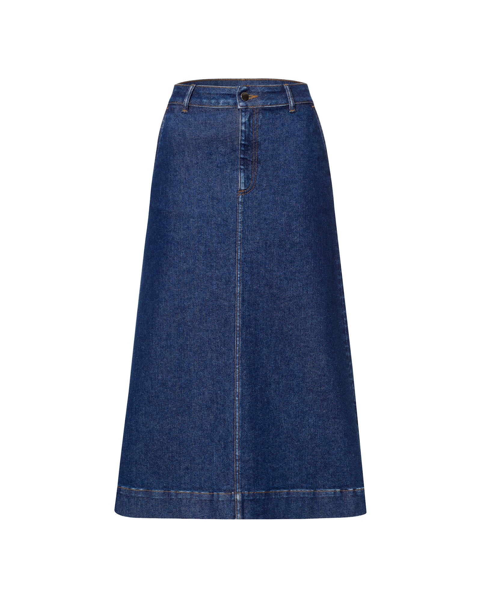 The STEFANIE Skirt by IVY OAK features blue denim, belt loops, a front button, and contrast stitching down the center for a stylish touch.