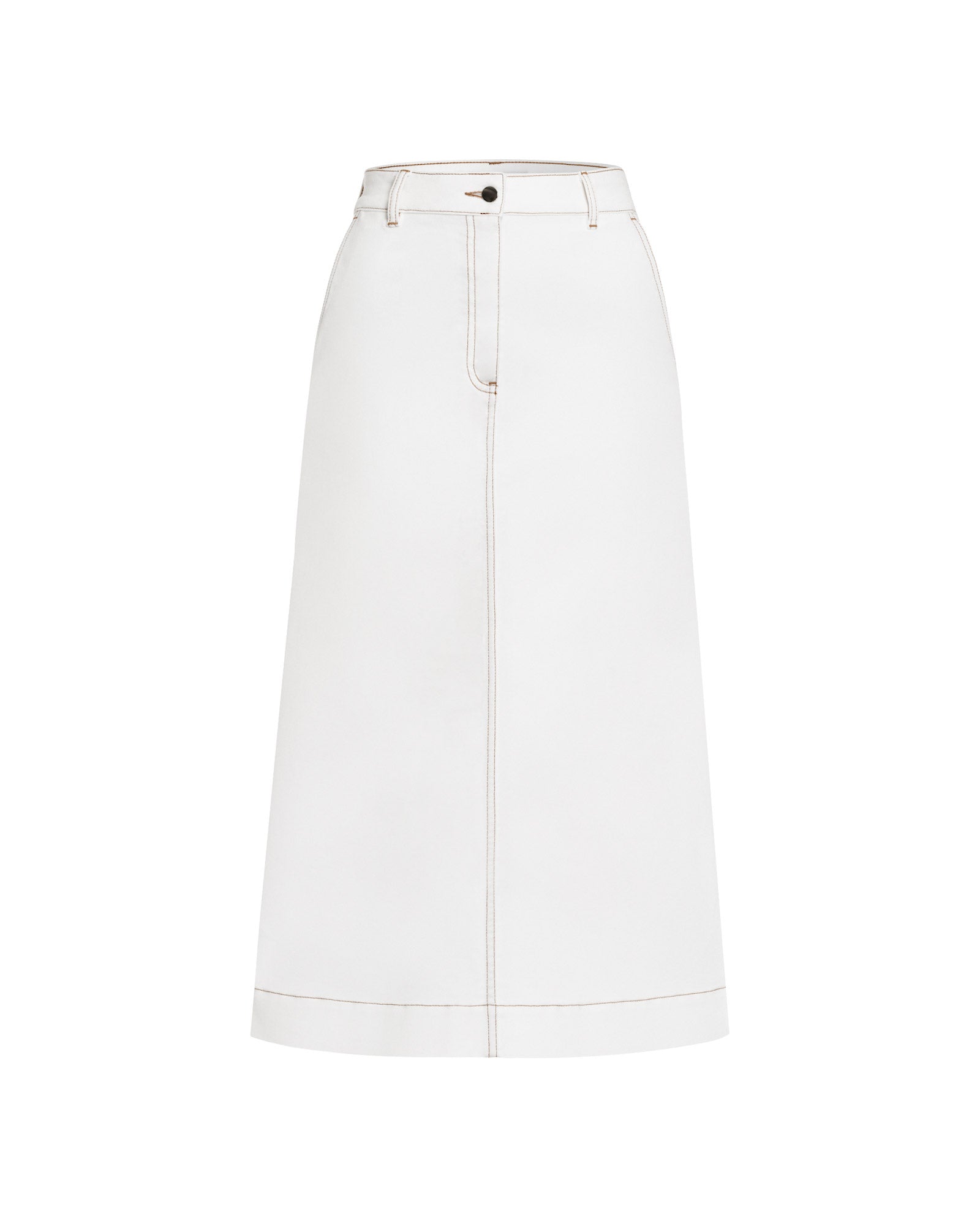 The IVY OAK STEFANIE Skirt is a white, high-waisted A-line denim skirt featuring contrast stitching, a front seam, and button closure.