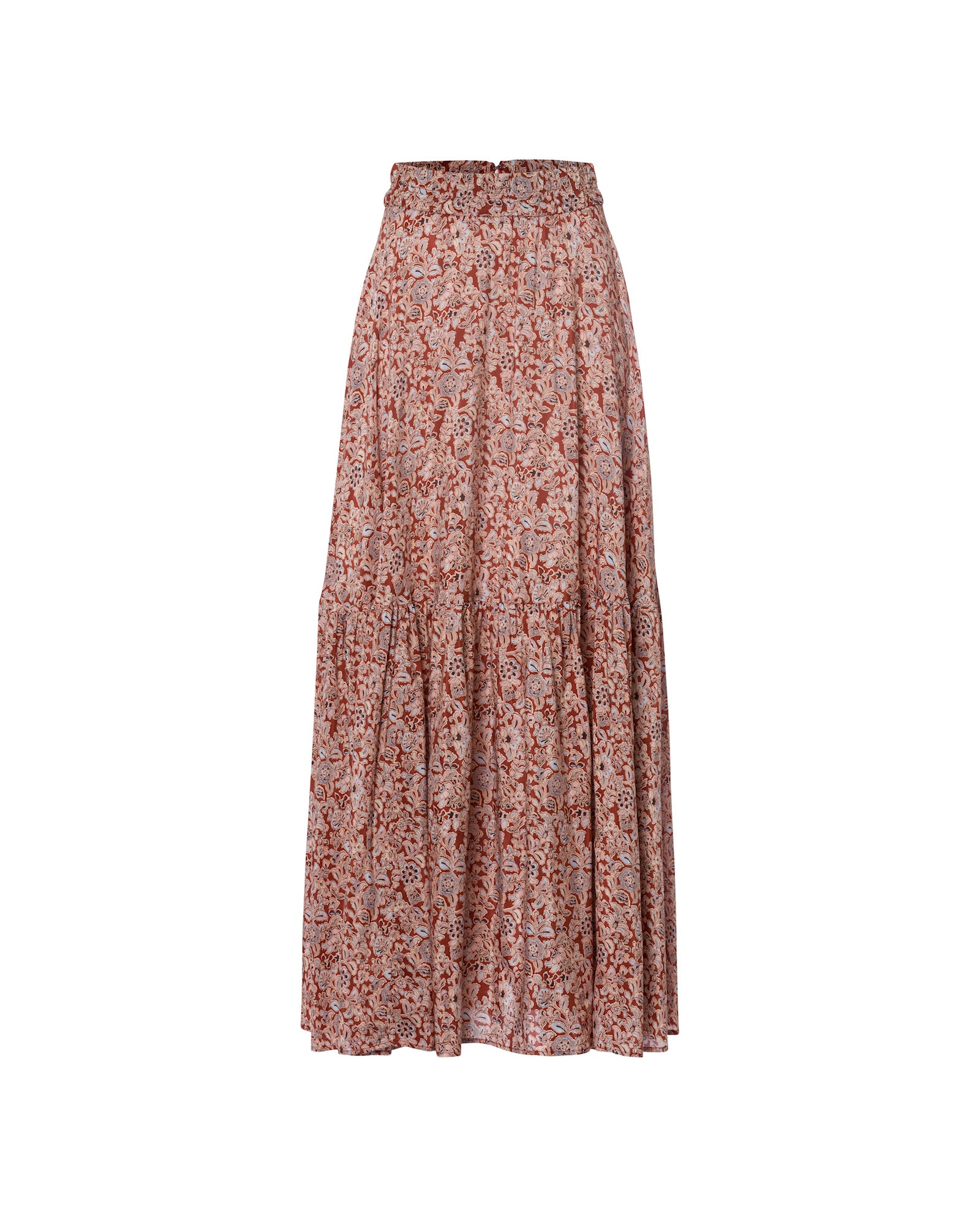The SANJA Skirt by IVY OAK is a long, flowy maxi skirt with a vibrant red and white floral pattern on a white background and a comfortable elastic waistband.