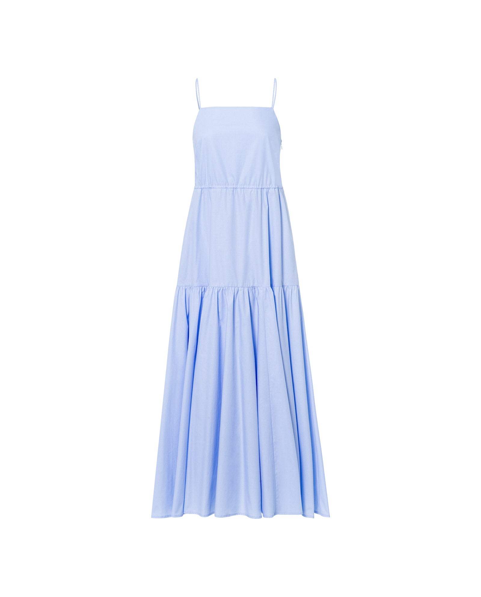 The NICOLINA Dress by IVY OAK is a light blue, sleeveless maxi with adjustable thin straps and a tiered, flowy skirt, shown on a white background.