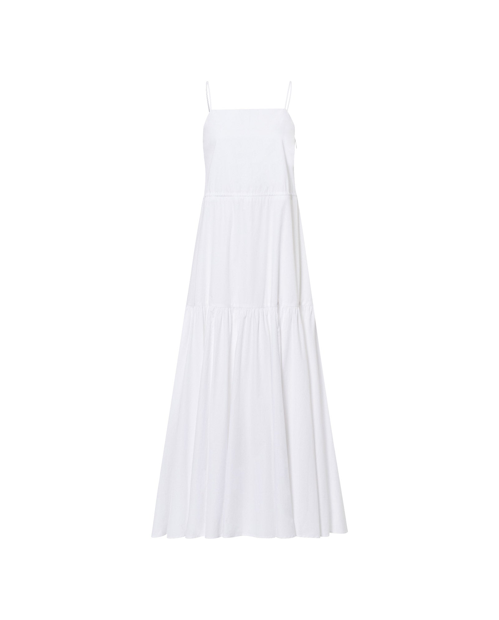 The NICOLINA Dress by IVY OAK is a long, white sleeveless maxi dress featuring thin straps and a flowing, tiered A-line skirt.