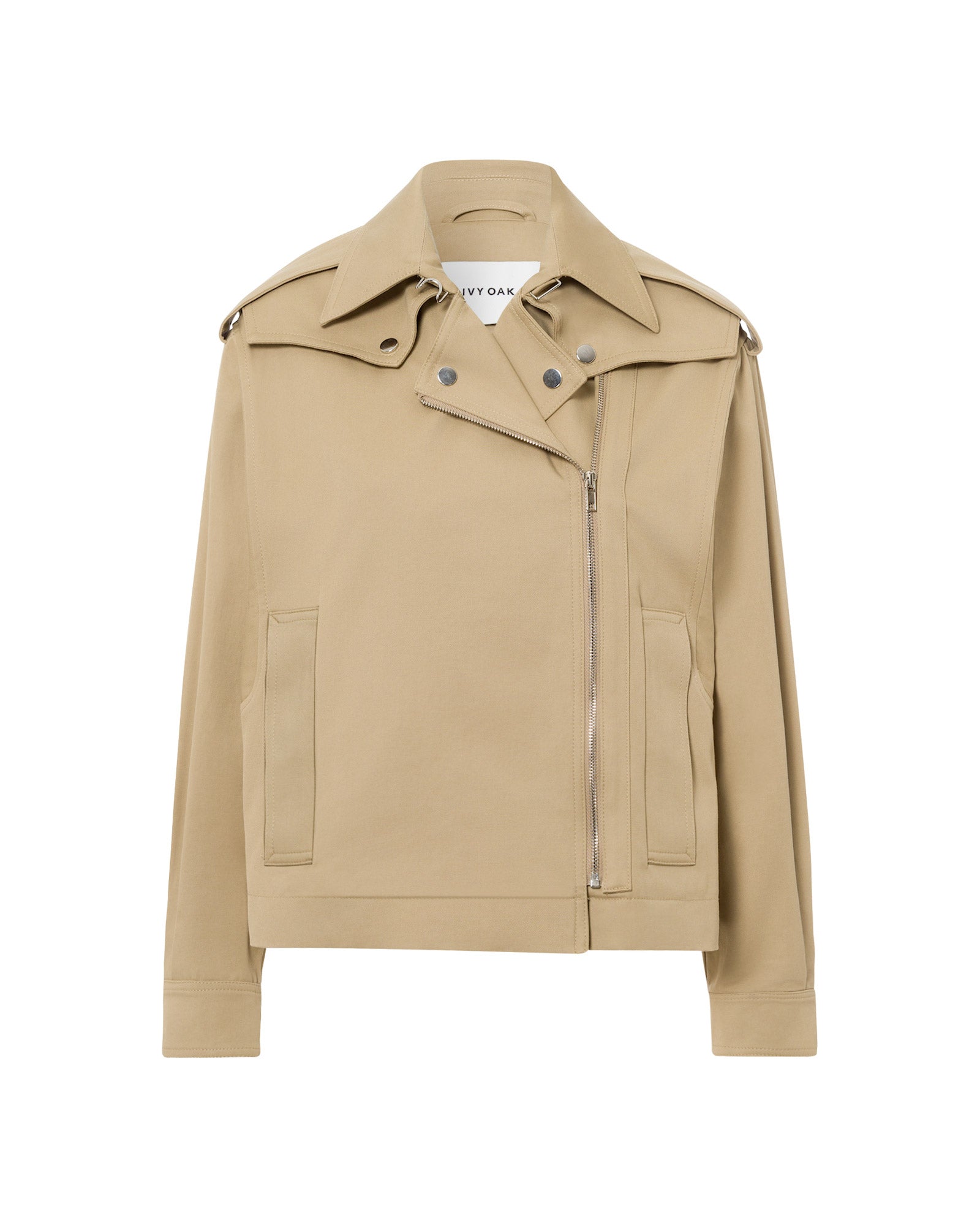 The IVY OAK JOANNE Jacket is a light brown, long-sleeve trench with an asymmetrical zip, wide collar, front pockets, and metal trimmings, shown on a white background.