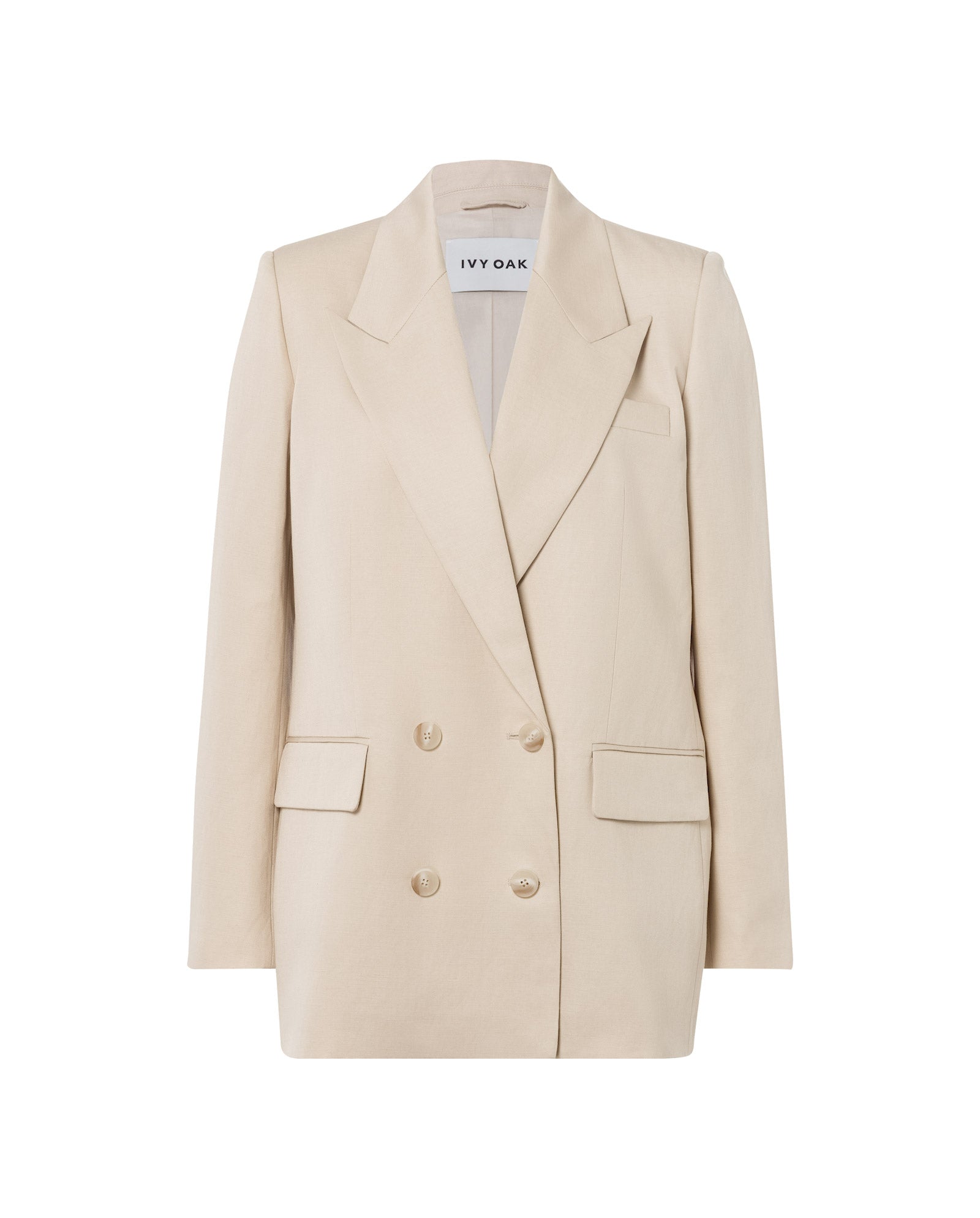 The IVY OAK JULIETTE MARIE Blazer is a beige linen-blend double-breasted design with two rows of buttons and notched lapels, shown on a white background.
