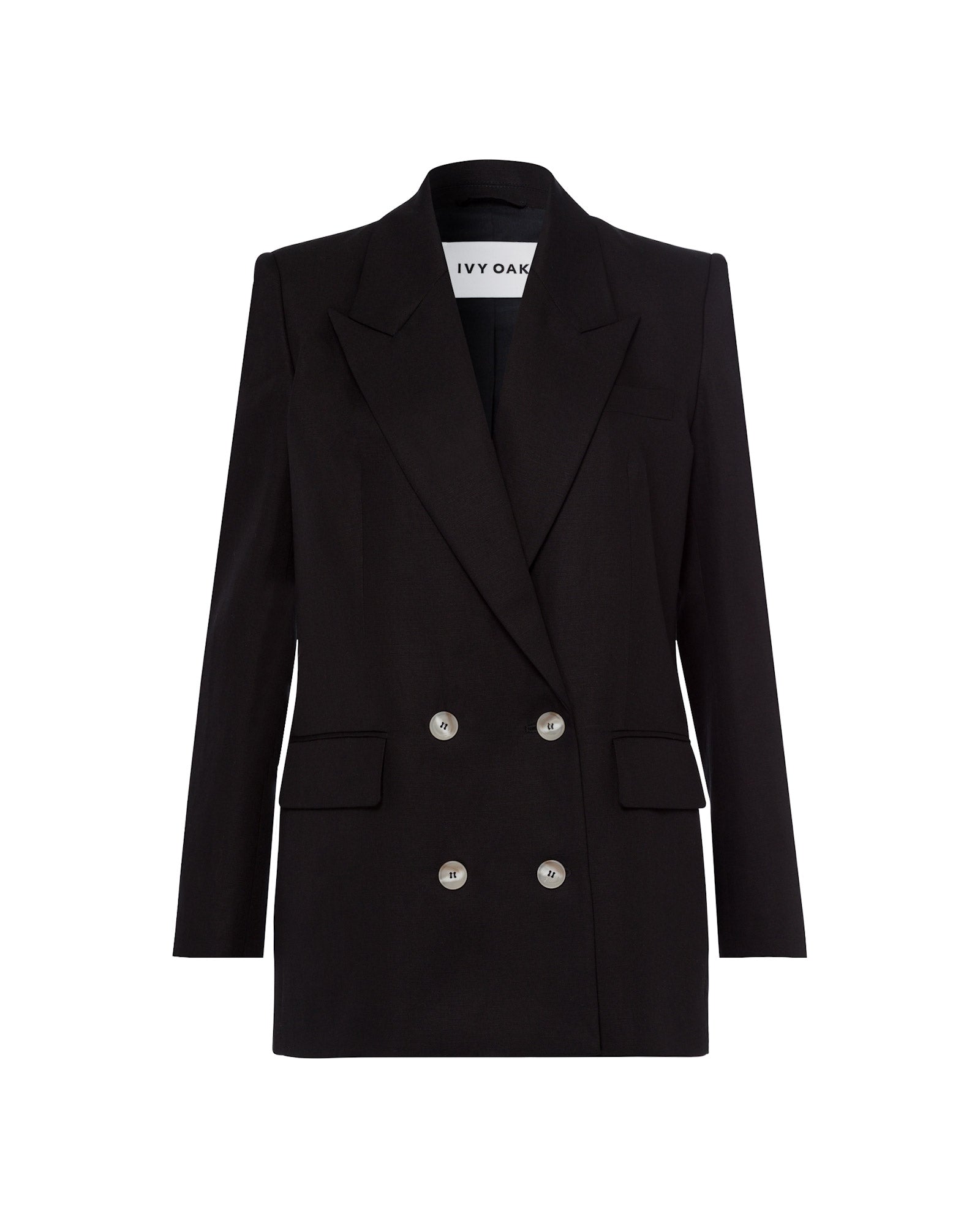 The JULIETTE MARIE Blazer by IVY OAK is a black double-breasted linen-blend blazer with silver buttons and notch lapels, shown against a plain white background.