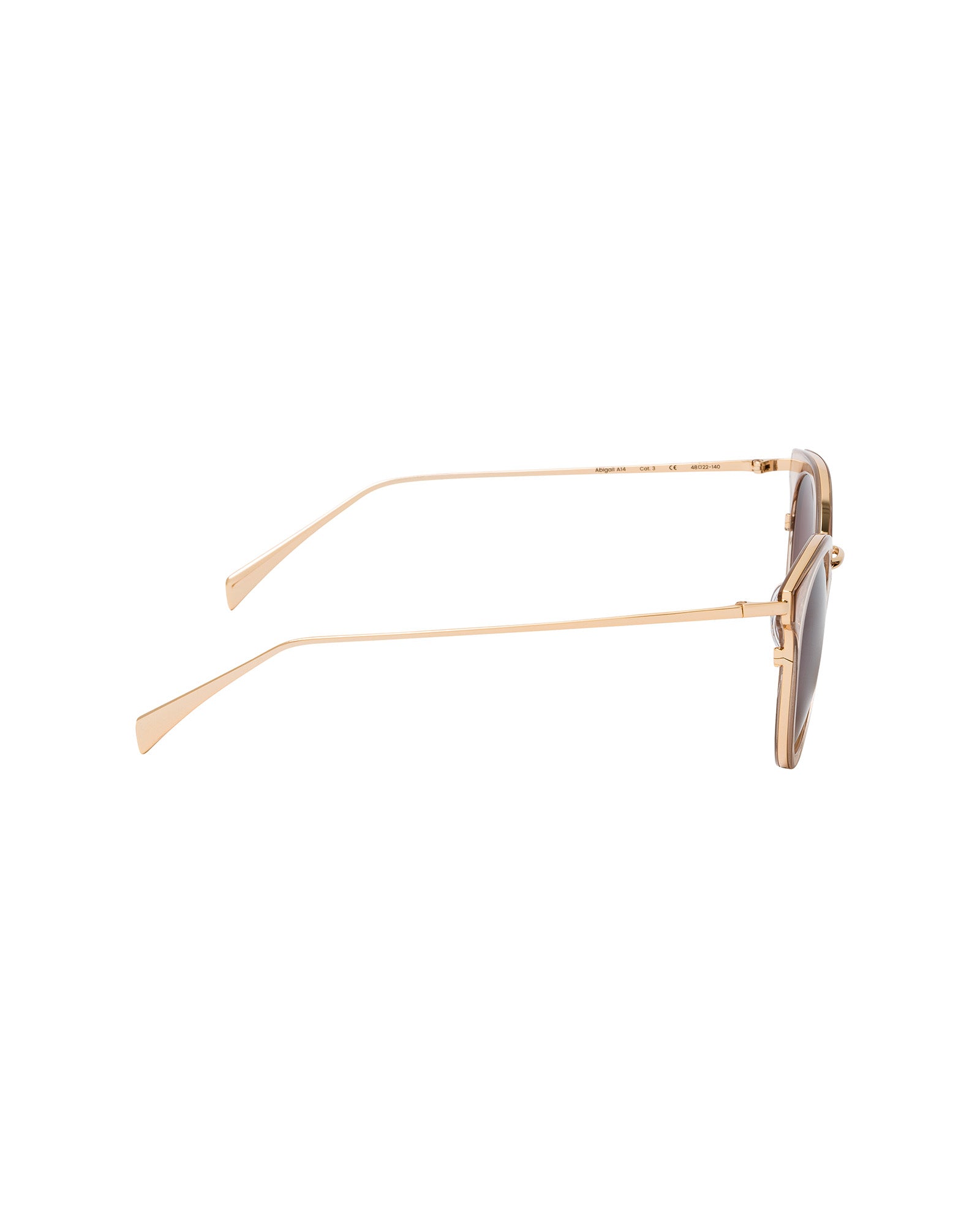 Side view of IVY OAK Abigail Sunglasses, featuring thin gold frames and dark lenses made from bio-based material, displayed on a white background.