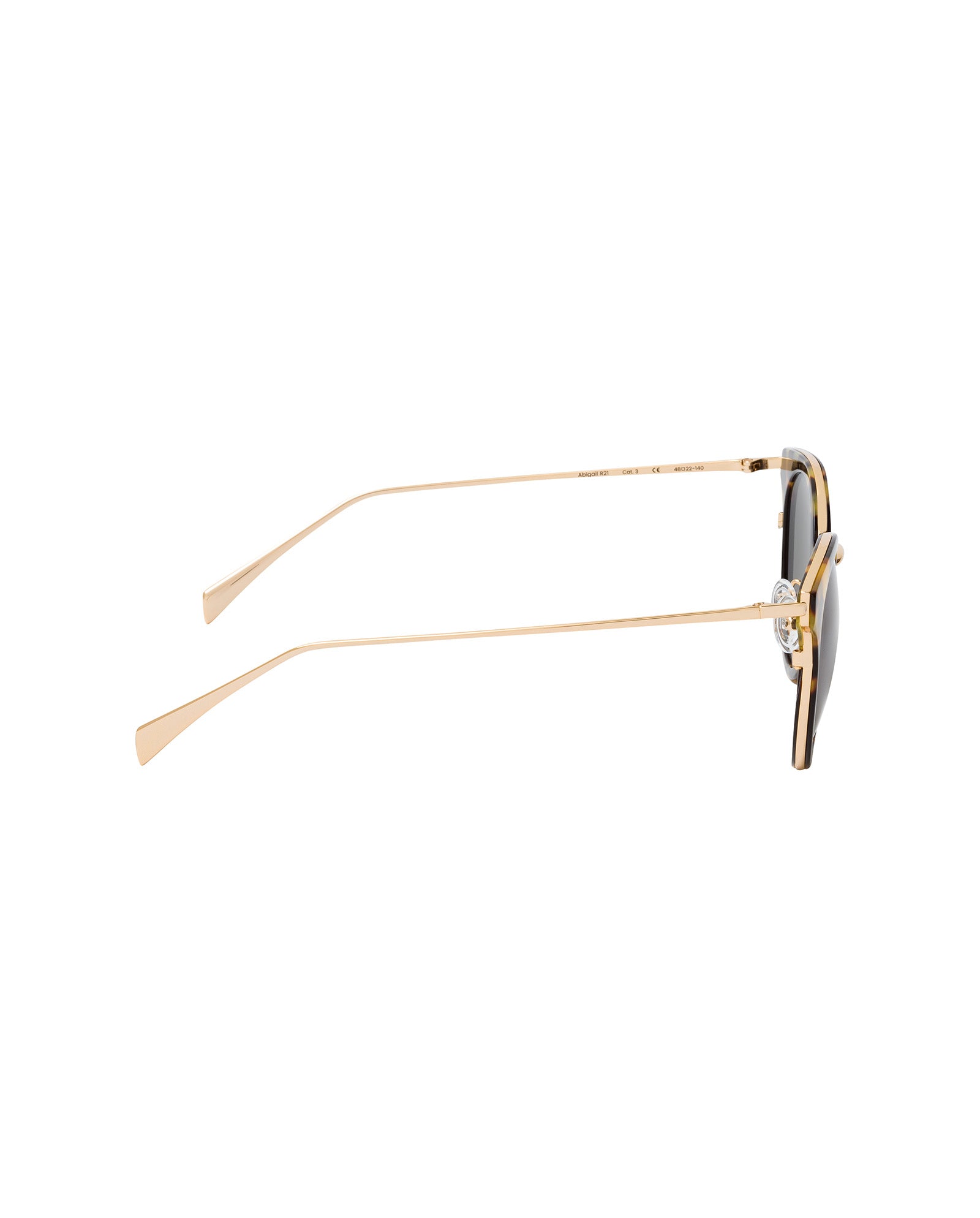 Side view of IVY OAK Abigail Sunglasses, featuring stylish bio-based frames, thin gold metal arms, and dark lenses set against a white background.