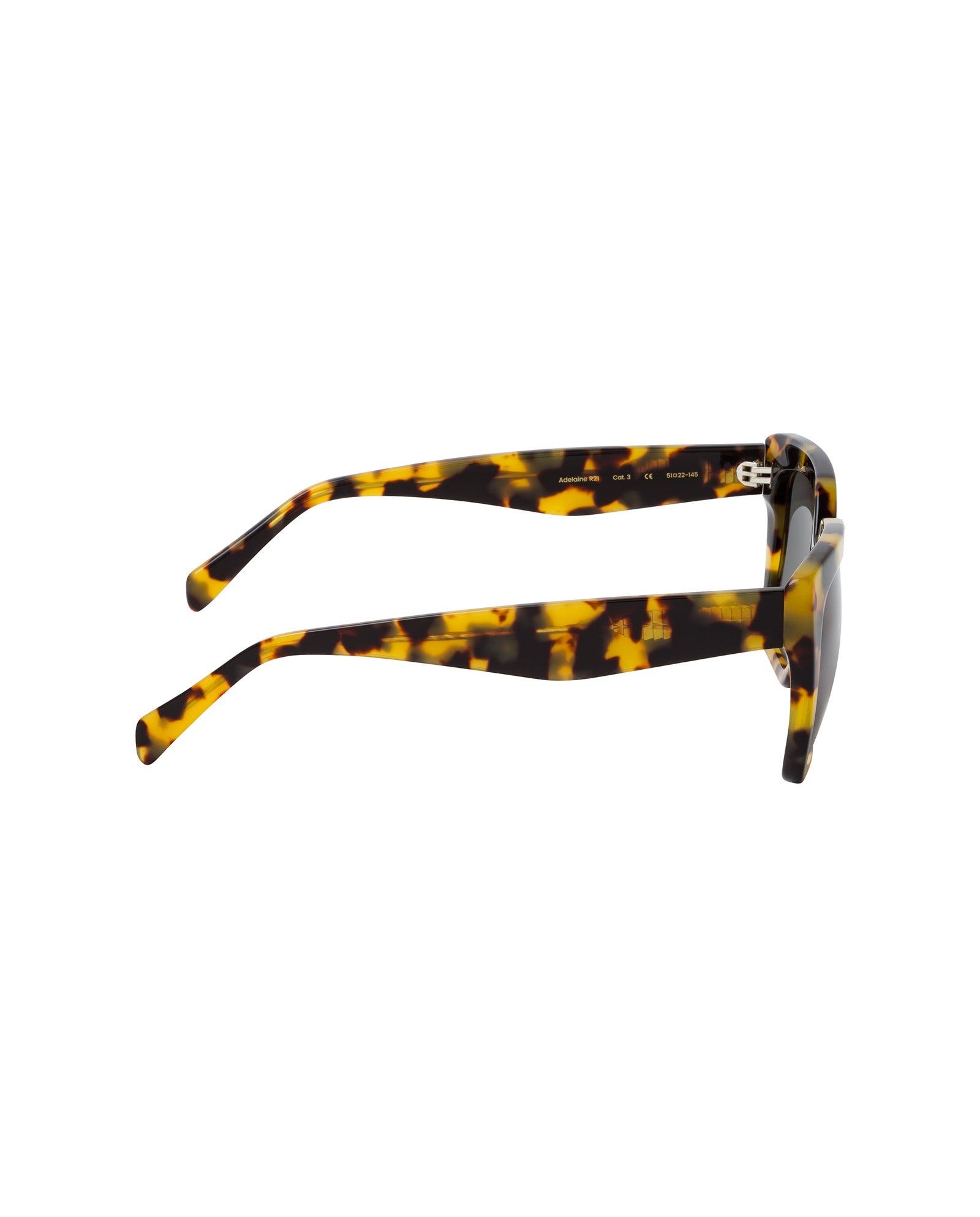 Side view of Adelaine Sunglasses by IVY OAK, made from biodegradable Mazzucchelli acetate with rectangular black and yellow tortoiseshell frames, dark lenses, and UV protection.