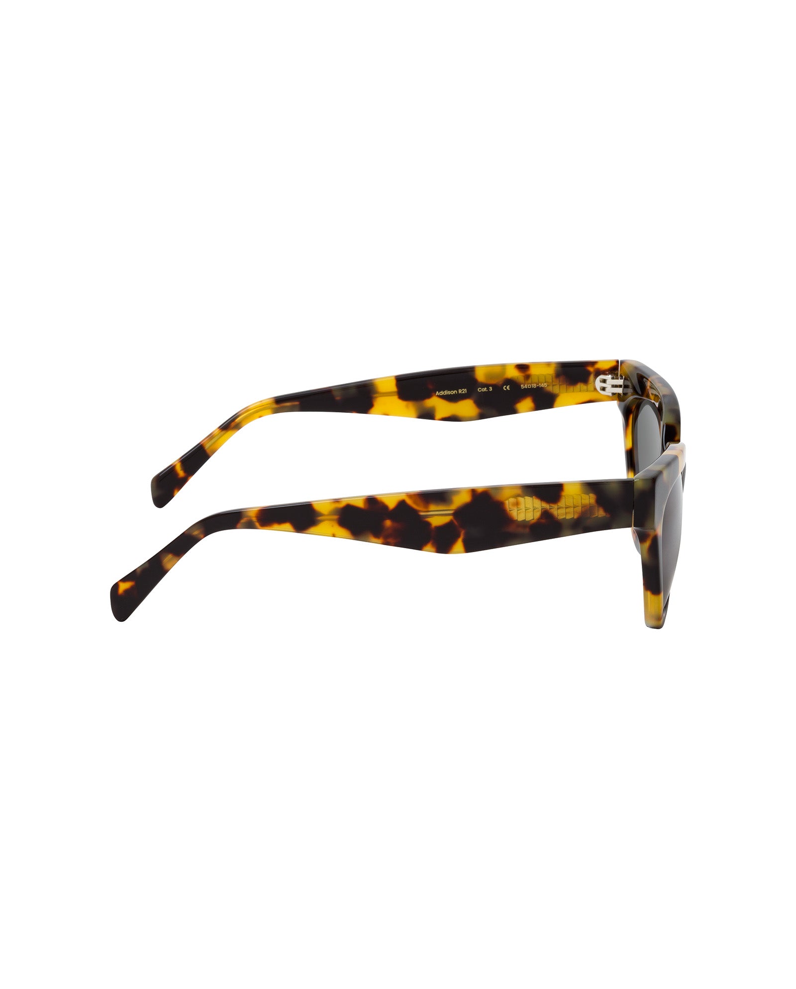 Side view of IVY OAK Addison Sunglasses made from Mazzucchelli acetate, with thick tortoiseshell-patterned frames and UV protection, shown against a white background.